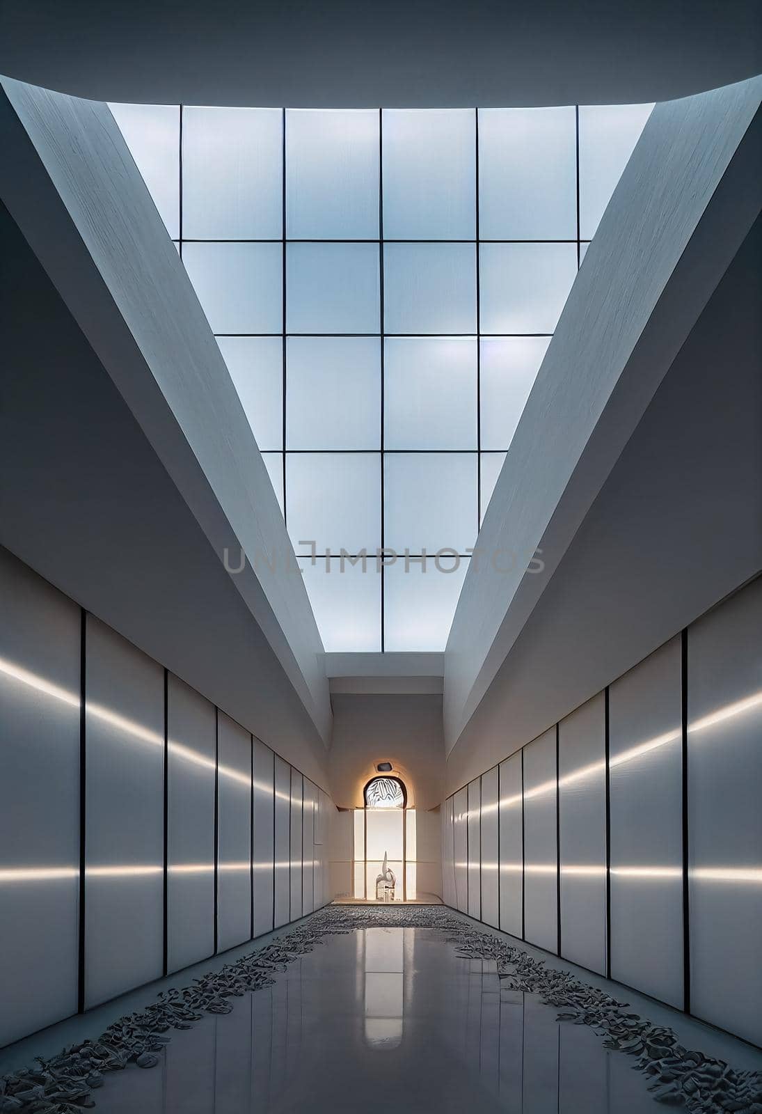 Interior shot of a modern contemporary futuristic chapel, 3d illustration