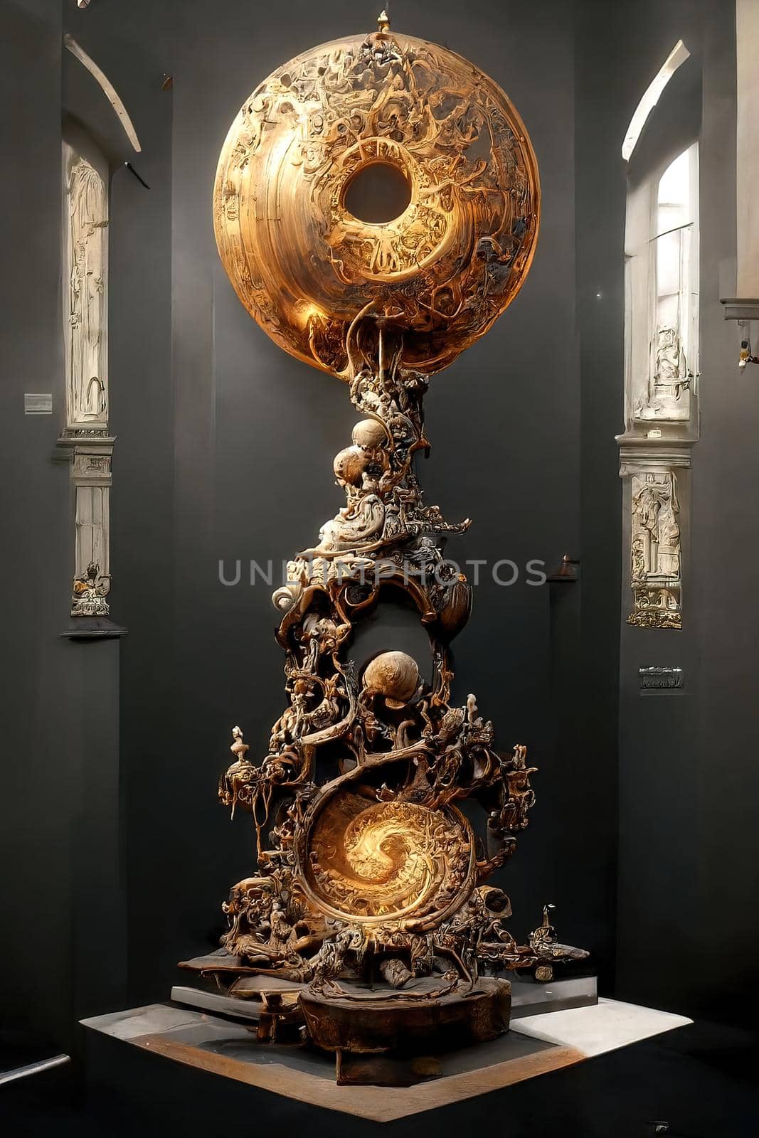 Baroque sculpture of gong, intricate details, 3d render by Farcas