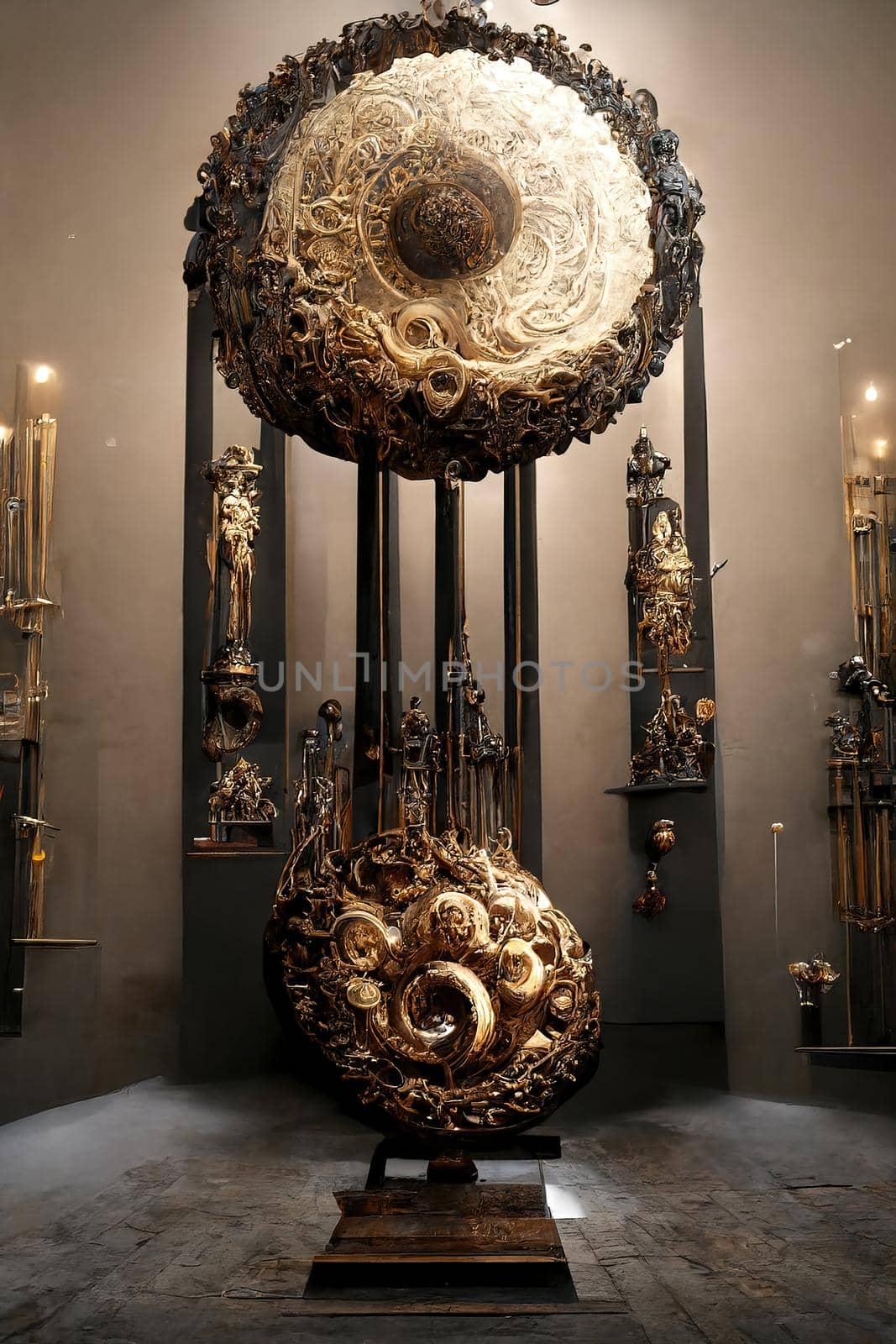 Baroque sculpture of gong, intricate details, 3d illustration