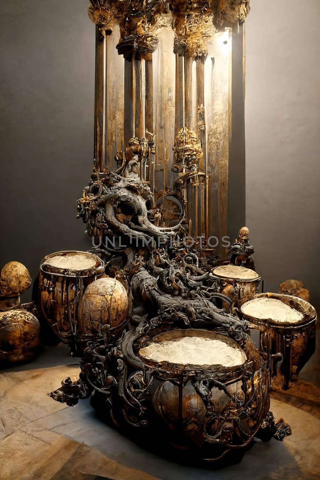 Baroque sculpture of drums, 3d illustration