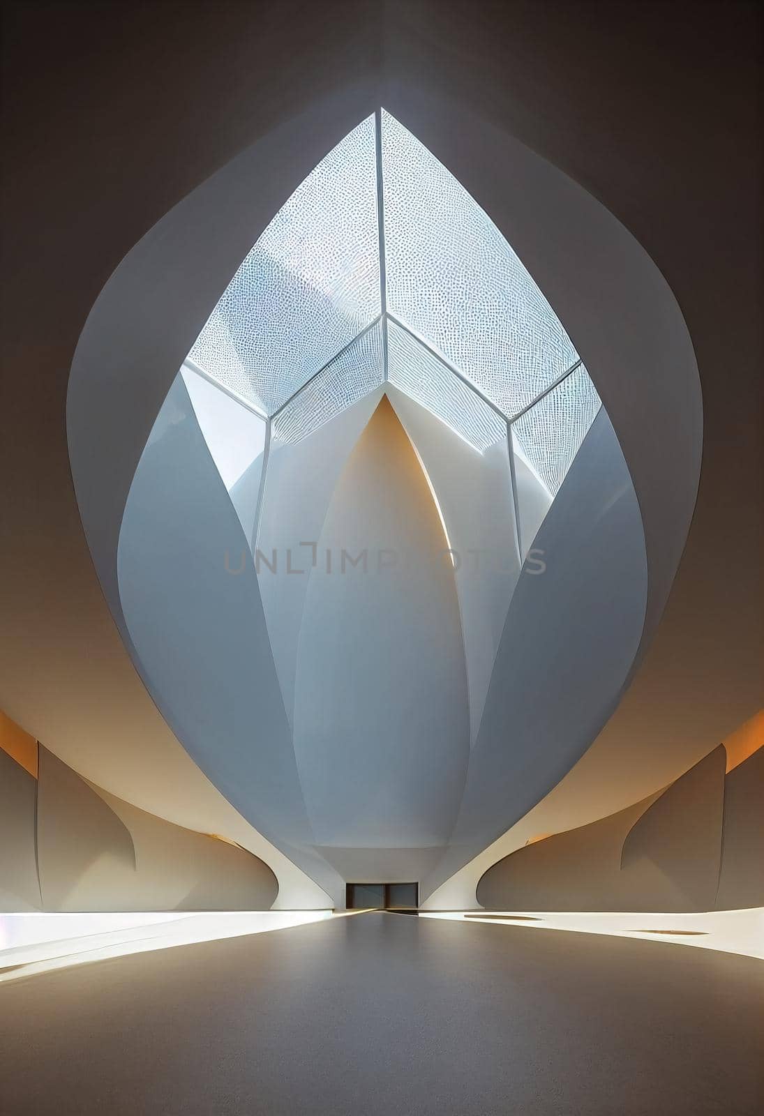 Interior shot of a modern contemporary futuristic chapel, 3d illustration