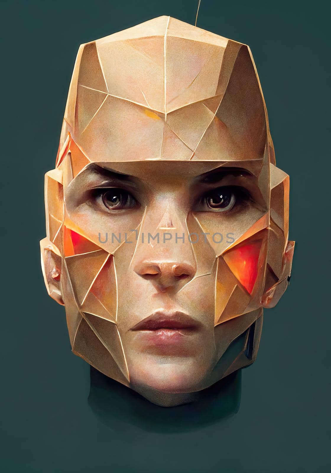 Polygonal human face into cyborg head, 3d illustration