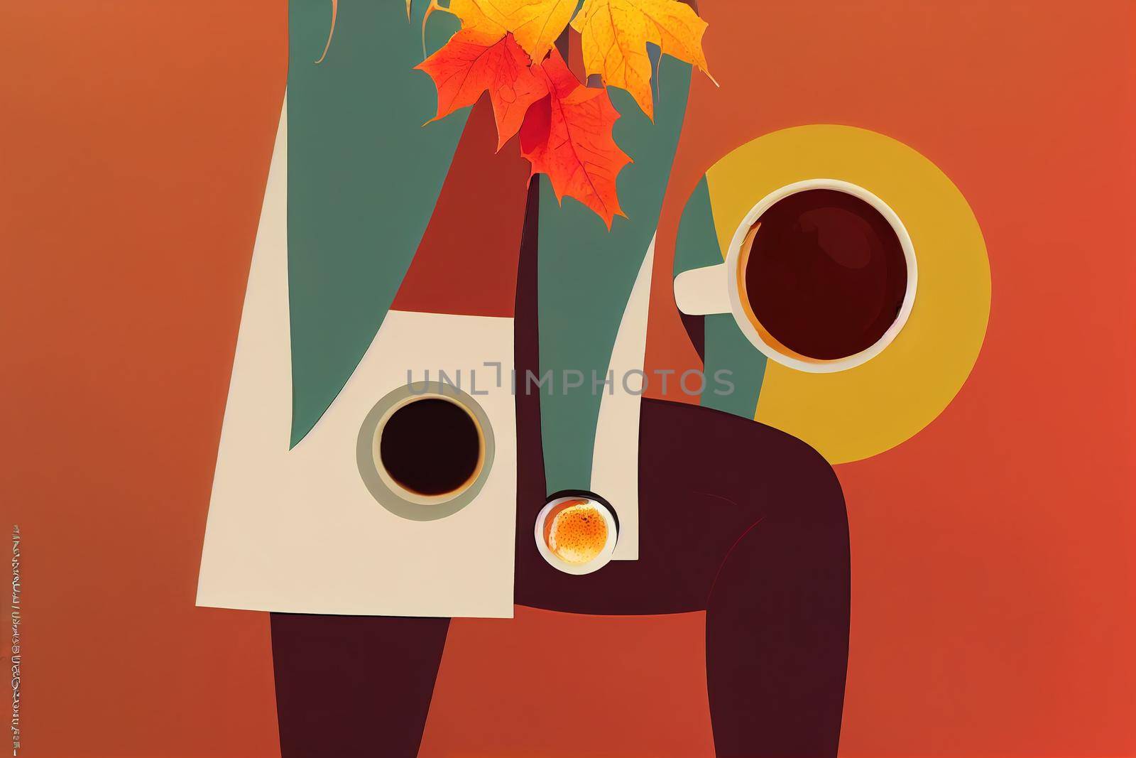 Autumn composition and female hand with cup of coffee on light background , anime style
