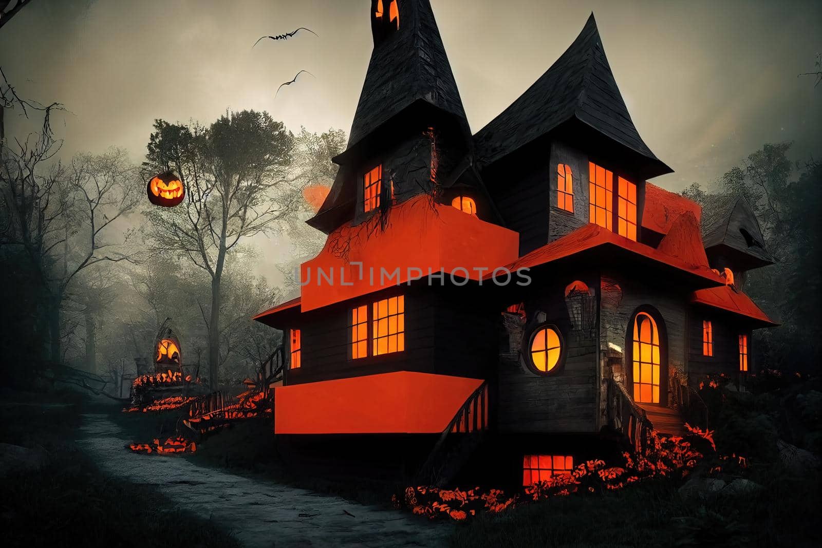 Black and orange house with Halloween theme, 3d illustration