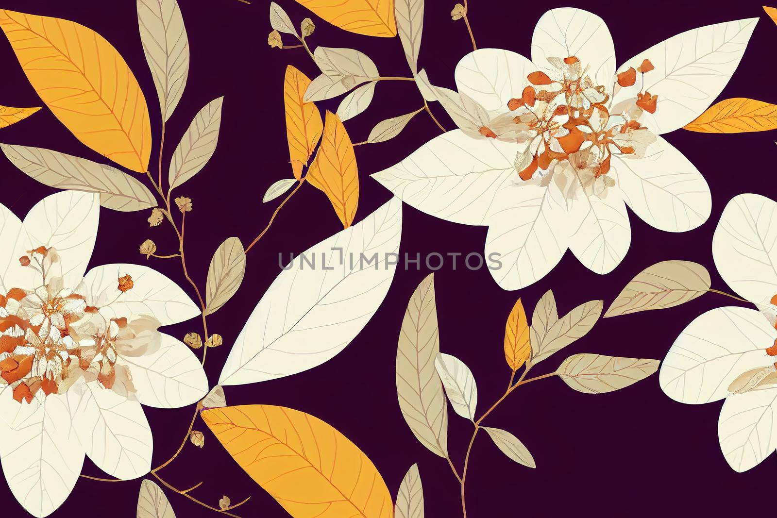 Seamless pattern with natural autumn composition Minimalistic floral background, botanical print with dry ink plants, large flower buds, branches, falling leaves Raster , anime style