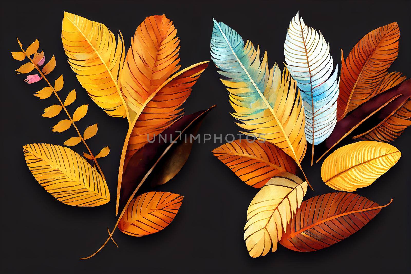 Raster composition with autumn leaves and fruits in a watercolor style Beautiful autumn boutonniere with feathers, flowers and leaves Autumn Bouquet , anime style