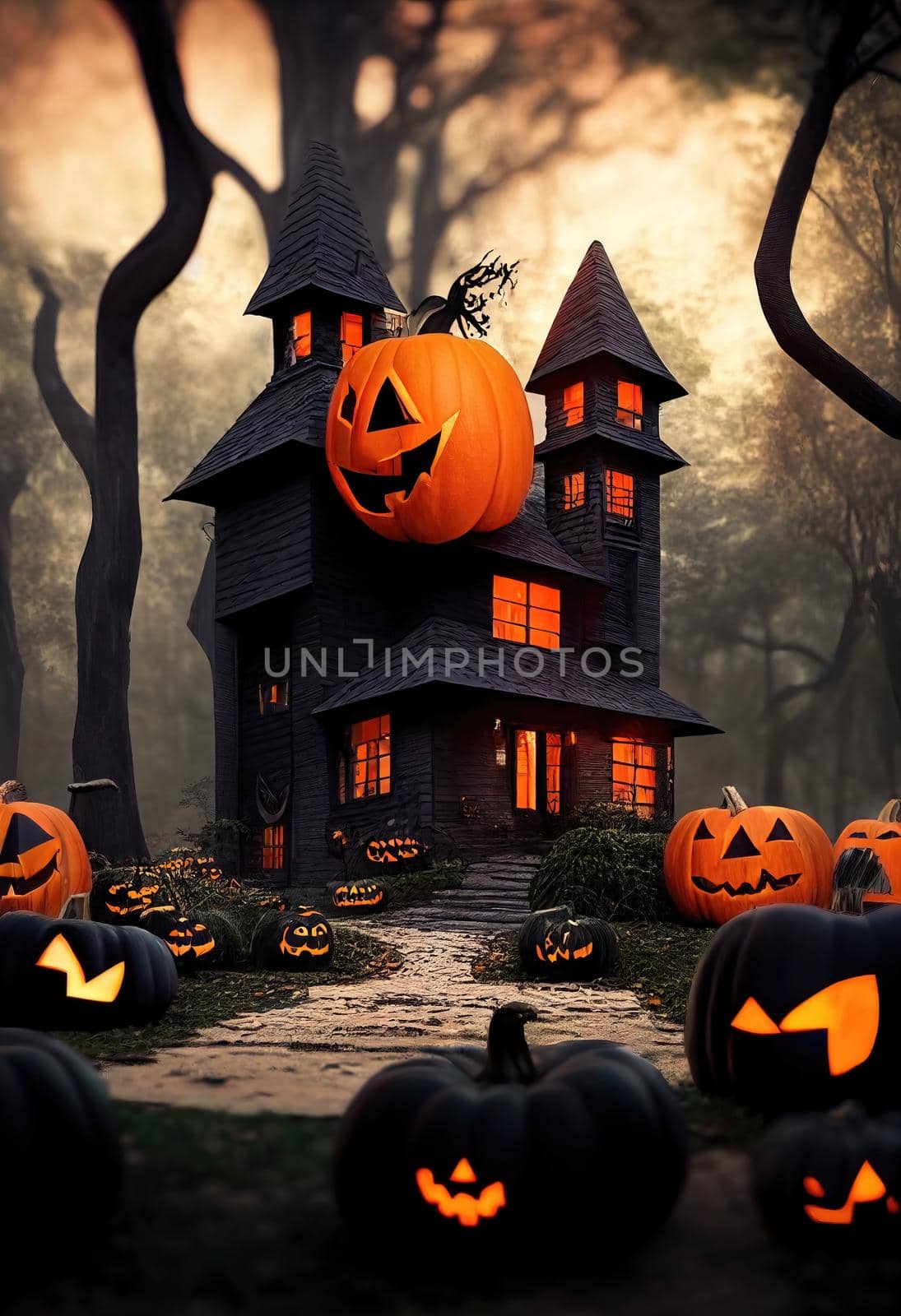 Black and orange house with Halloween theme, 3d illustration