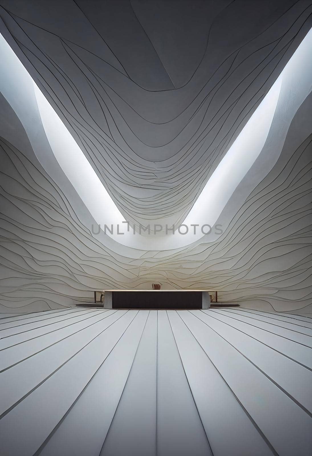 Interior shot of a modern contemporary futuristic chapel, 3d illustration