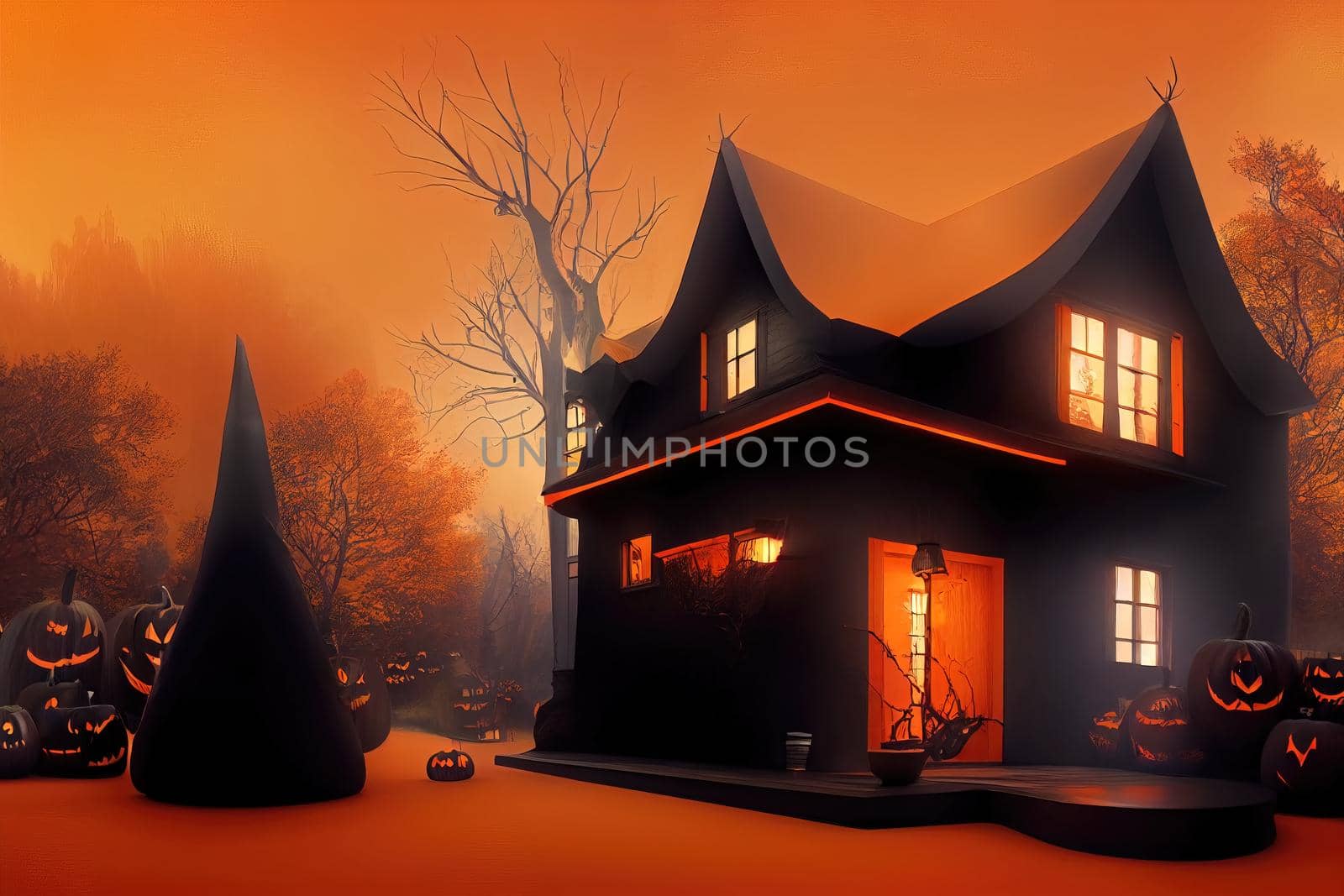 Black and orange house with Halloween theme, 3d illustration