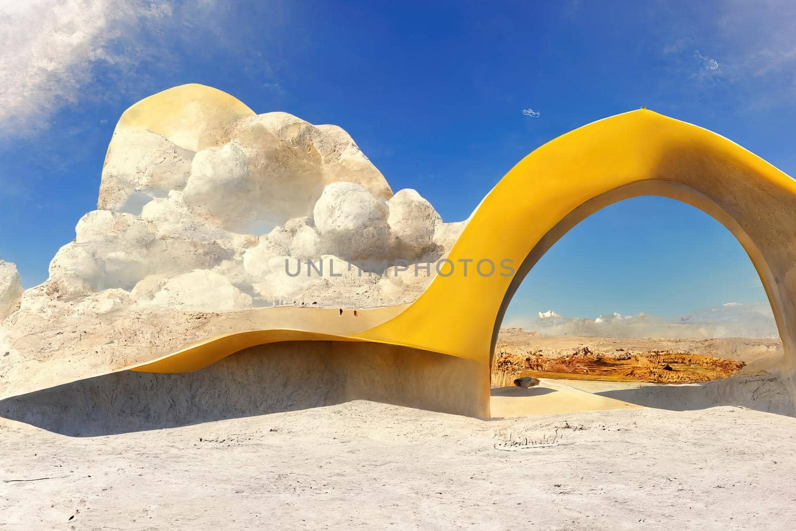 Surreal desert landscape with yellow arch and white clouds, 3d illustration