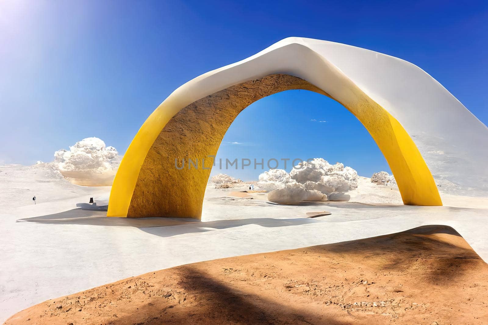 Surreal desert landscape with yellow arch and white clouds, 3d illustration