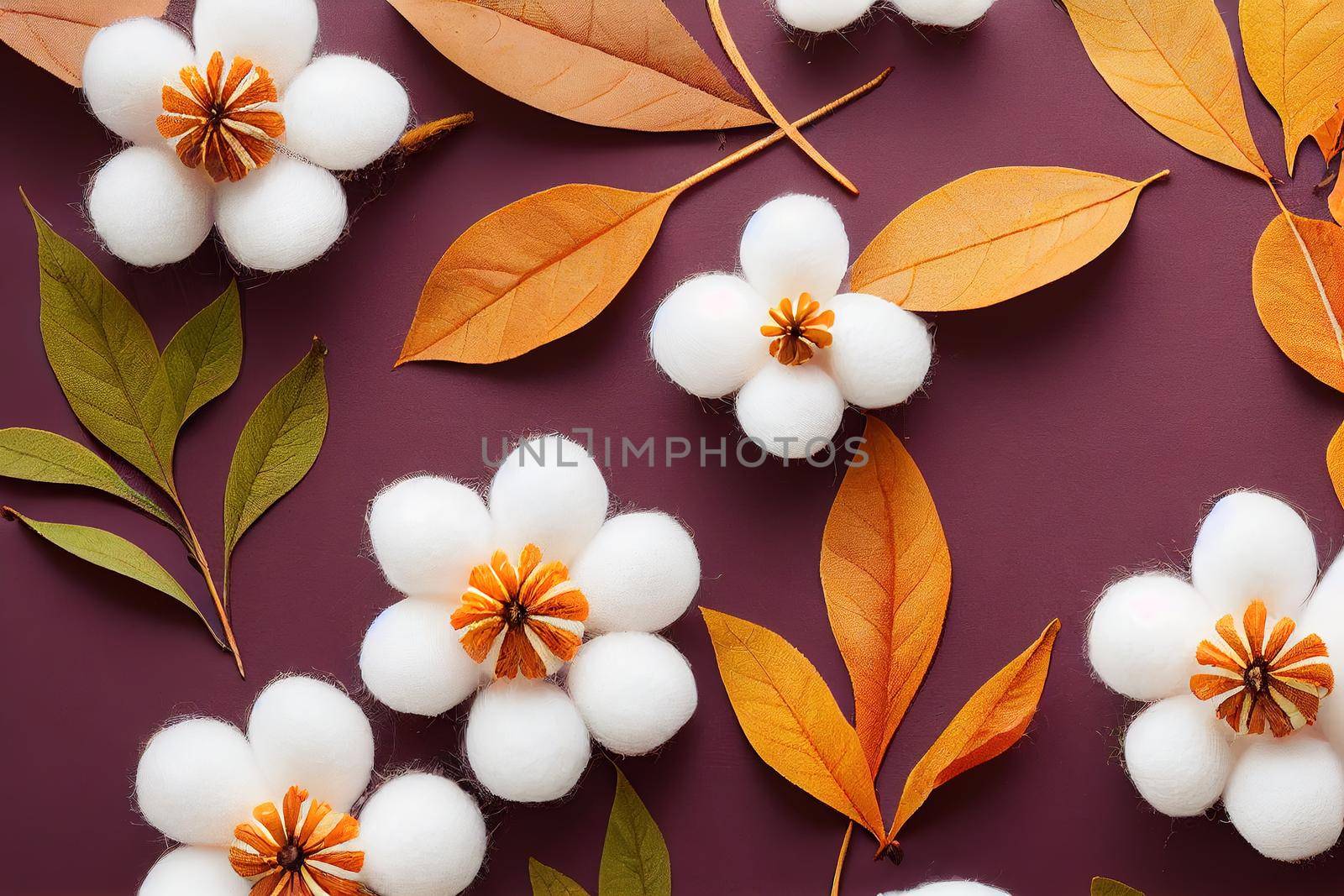 Autumn composition Spica ears, cotton flowers, plaid on white background Autumn, fall concept Flat lay, top view , anime style