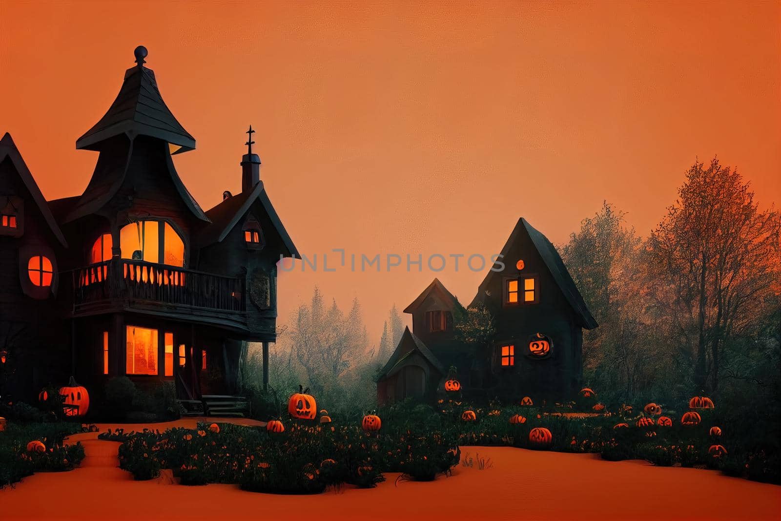 Black and orange house with Halloween theme, 3d illustration