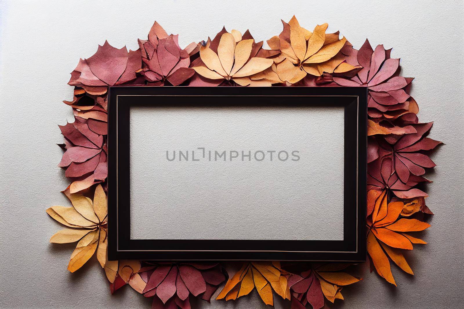Autumn composition Frame made of eucalyptus branches, cotton flowers, dried leaves on pastel gray background Autumn, fall concept Flat lay, top view, copy space , anime style