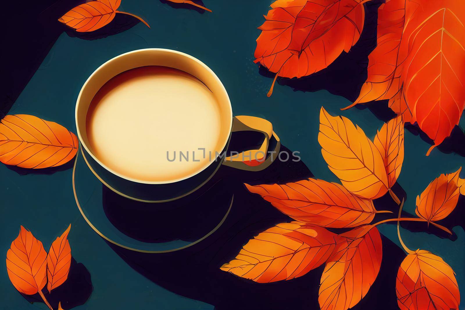 Autumn composition with cup of coffee on blue background , anime style