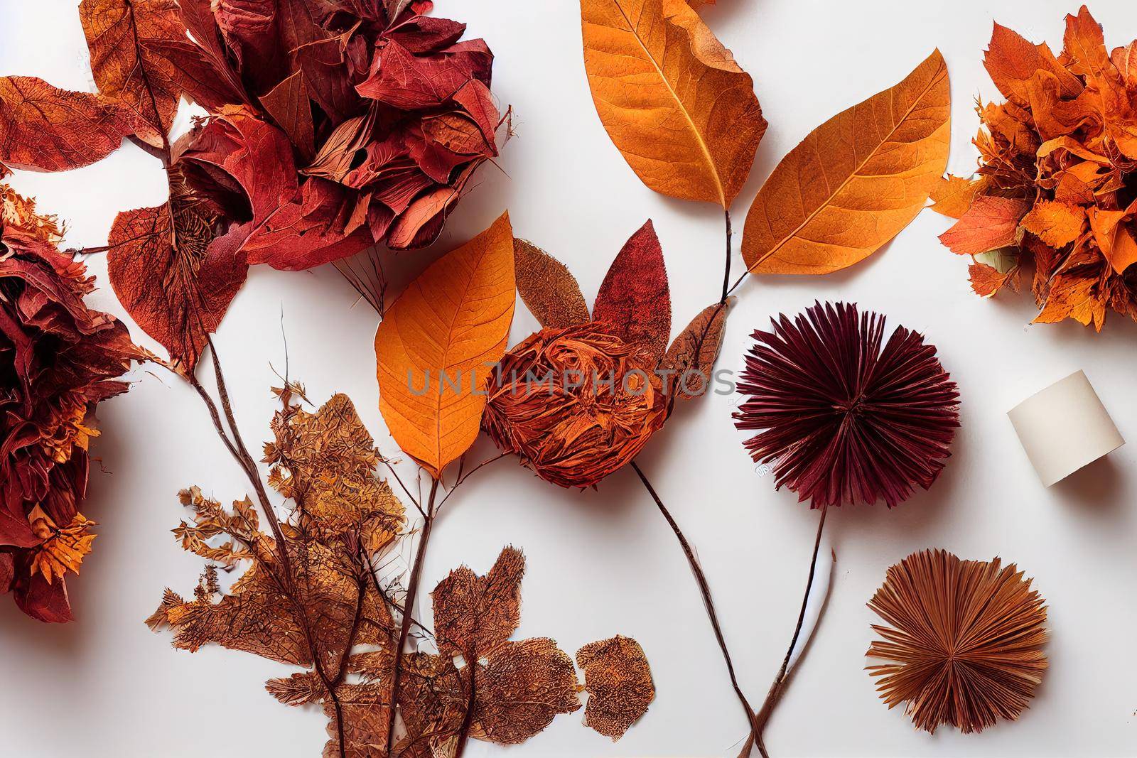 Autumn composition Paper blank, dried flowers and leaves on white background Autumn, fall concept Flat lay, top view, copy space, square , anime style