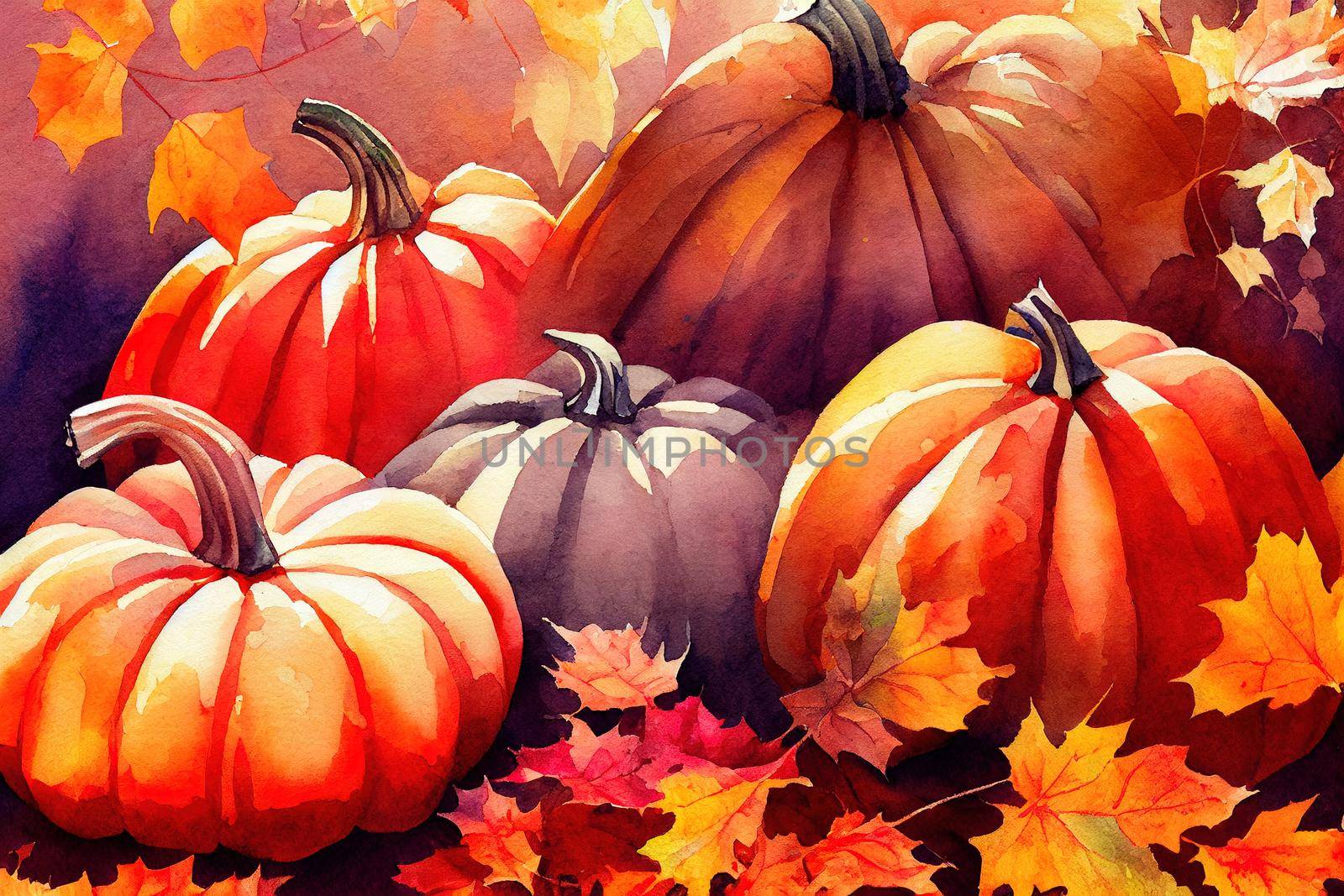 Watercolor autumn pumpkin composition, perfect to use on the web or in print , anime style