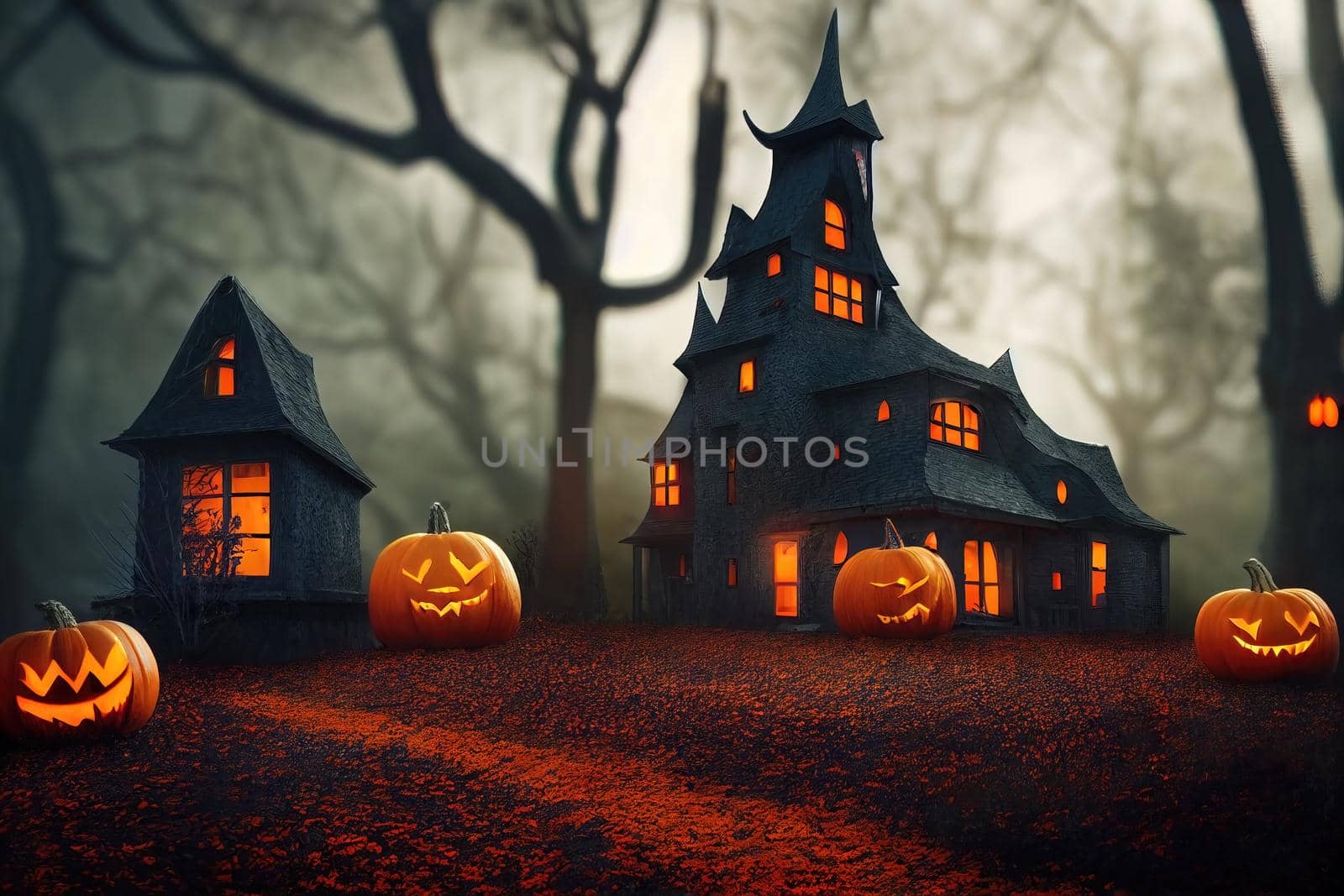 Black and orange house with Halloween theme, 3d illustration