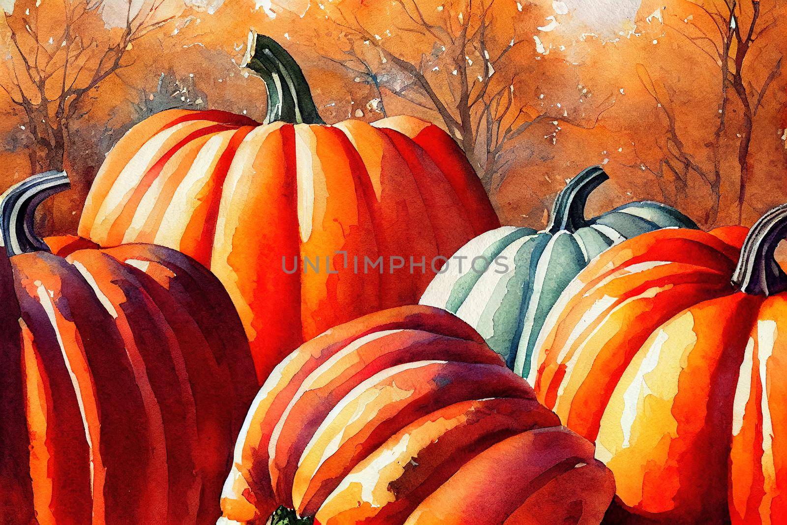 Watercolor autumn pumpkin composition, perfect to use on the web or in print , anime style