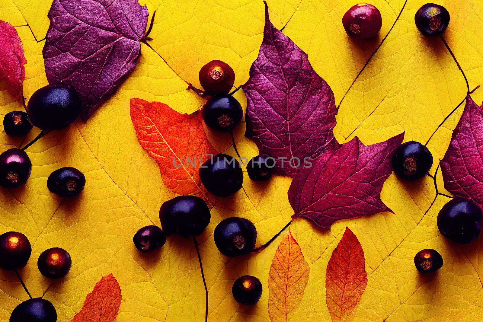 Autumn composition Yellow leaves, black ashberry and physalis on a white background Flat lay, top view, copy space , anime style