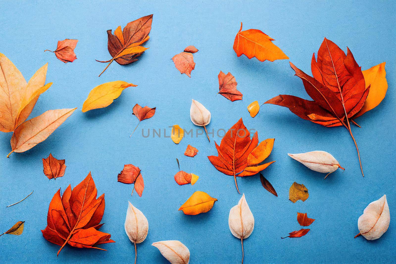 Autumn composition Dried leaves, cotton flowers on pastel blue background Autumn, fall, winter concept Flat lay, top view, copy space , anime style