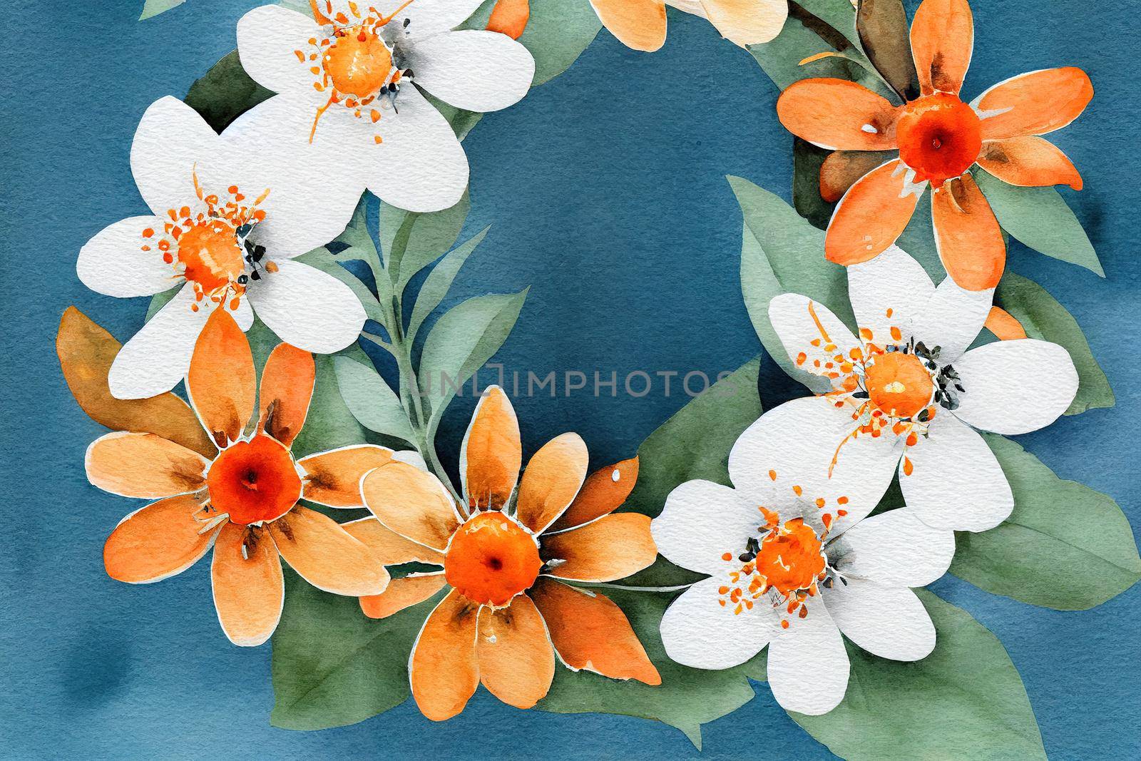 Watercolor floral wreath with rust, burnt orange, grey and white flowers, isolated illustration Beautiful botanical art Fall themed design , anime style