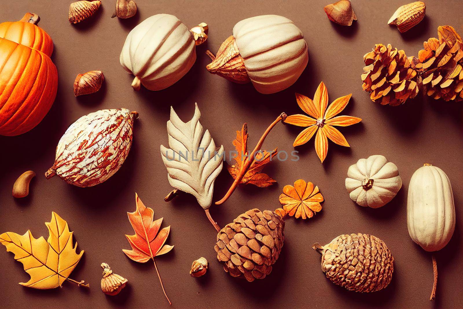 Autumn composition Autumn flowers and leaves, acorn, pine cone, anise star Flat lay, top view, copy space , anime style