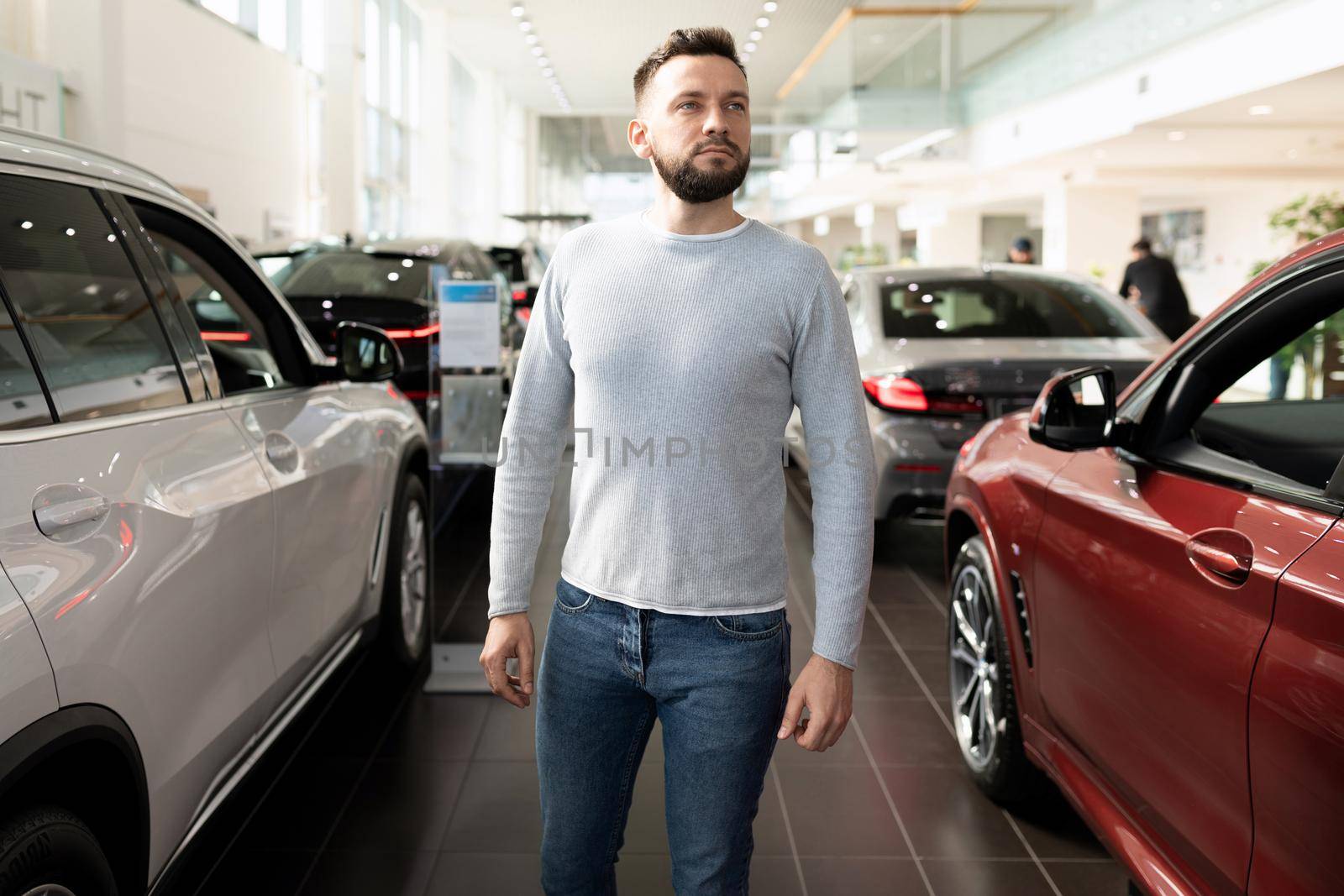 buyer in a car dealership chooses a new car.