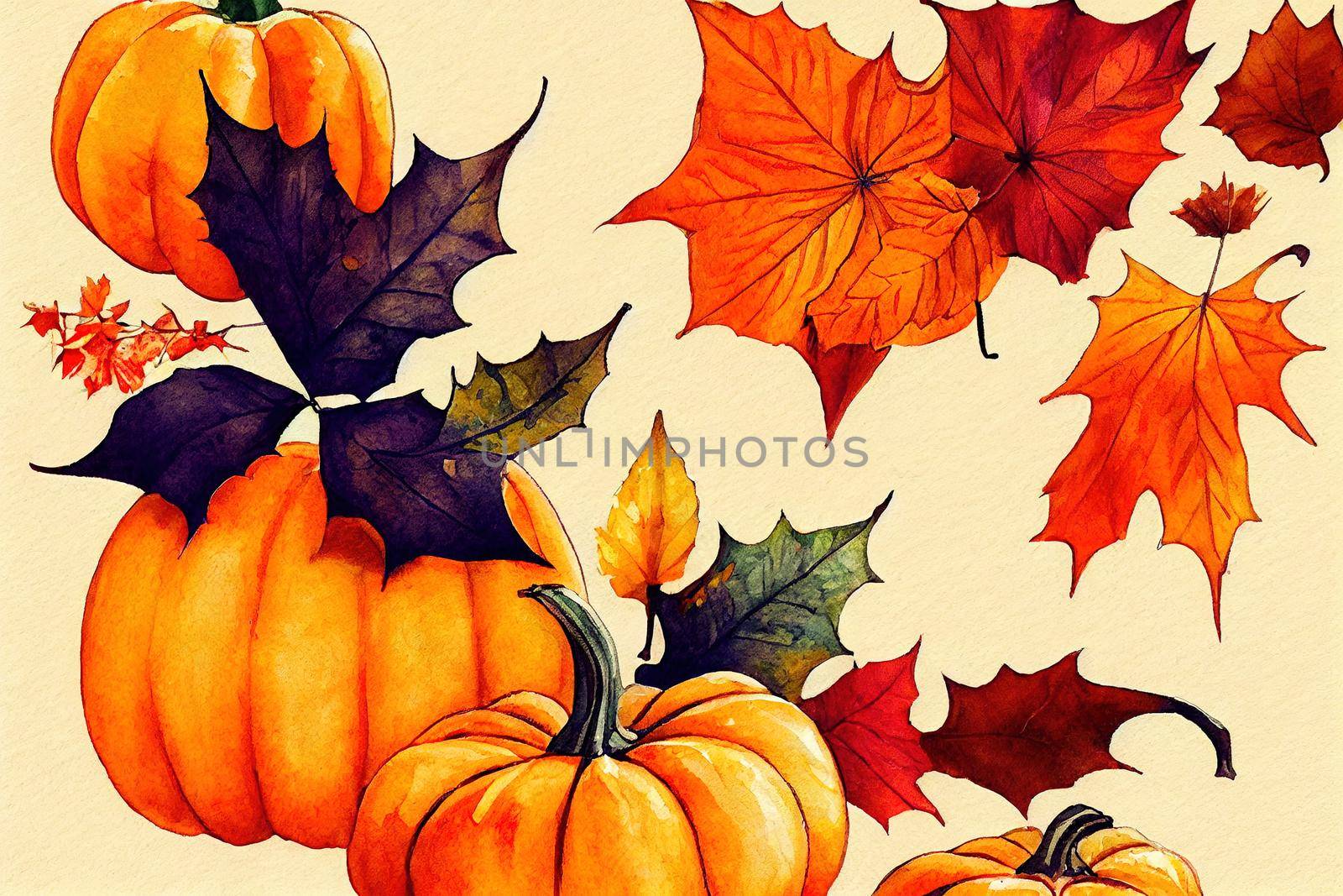 Pumpkins, autumn leaves and flowers Watercolor hand drawn composition , anime style