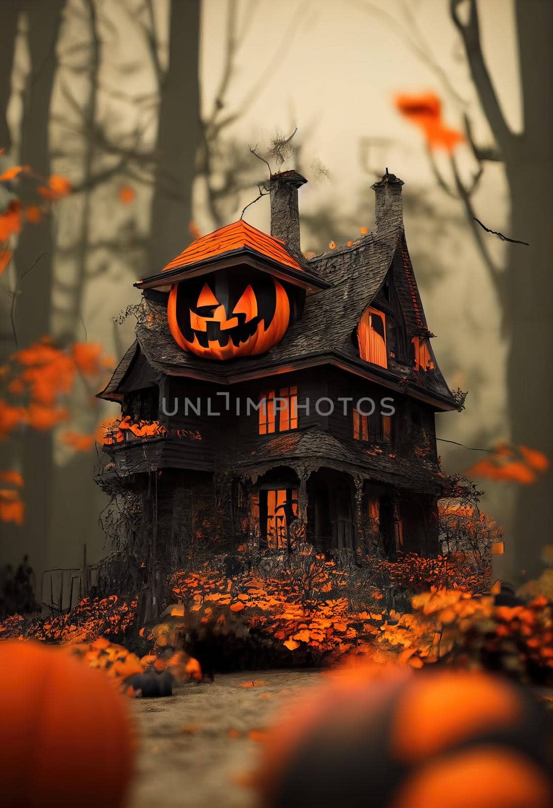 Black and orange house with Halloween theme, 3d illustration