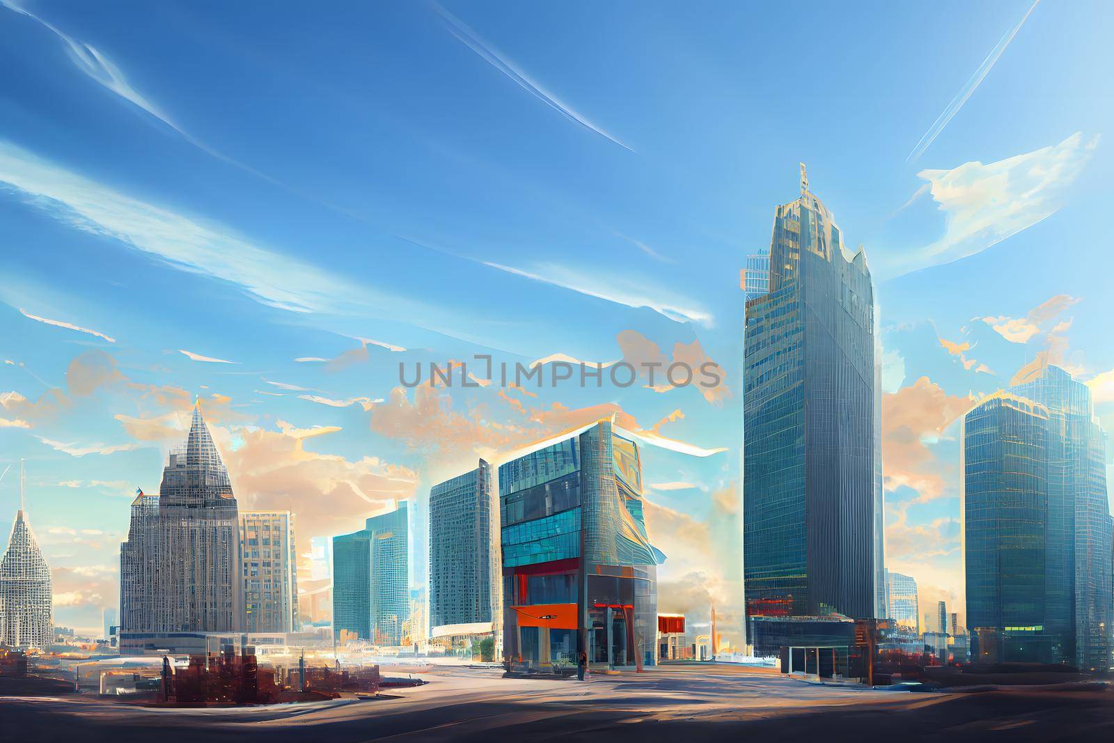 abstract contemporary western downtown cityscape at sunny morning with modern skyscrapers, neural network generated art. Digitally generated image. Not based on any actual scene or pattern.