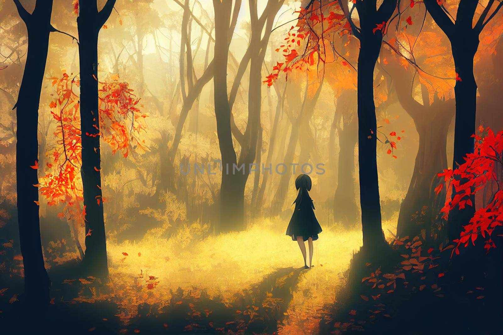 Beautiful autumn composition with natural forest decor on light background , anime style