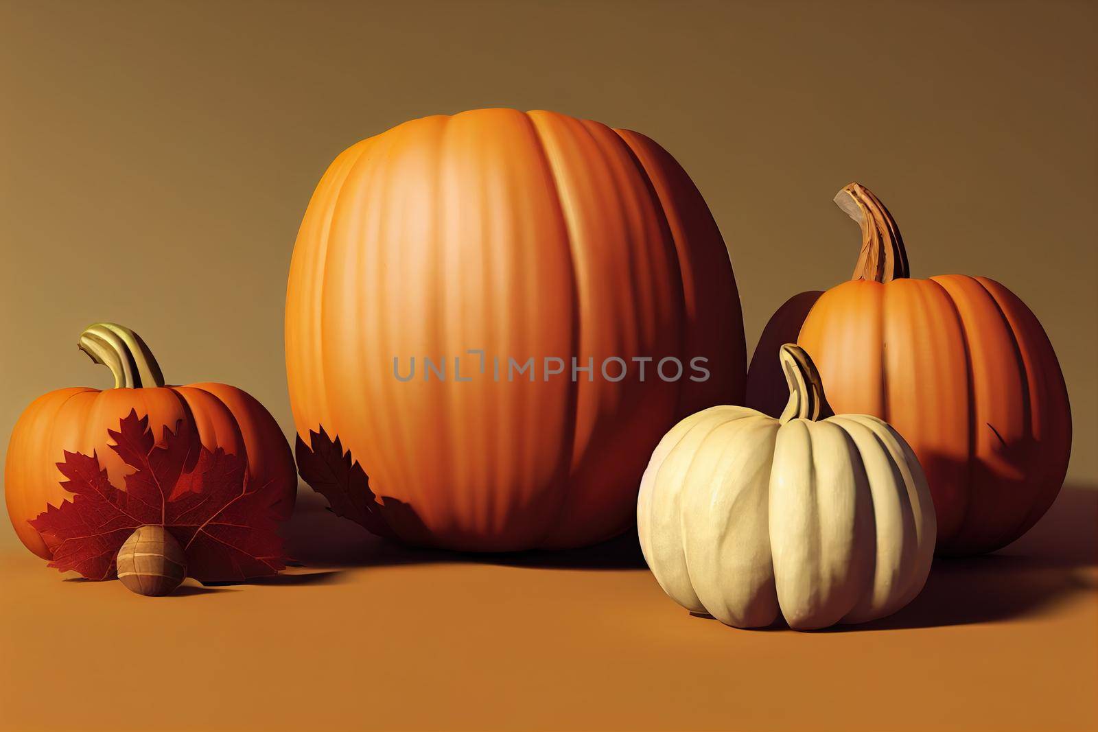 Autumn decoration Leaves pumpkin acorn rowan 3d render objects, Anime Style