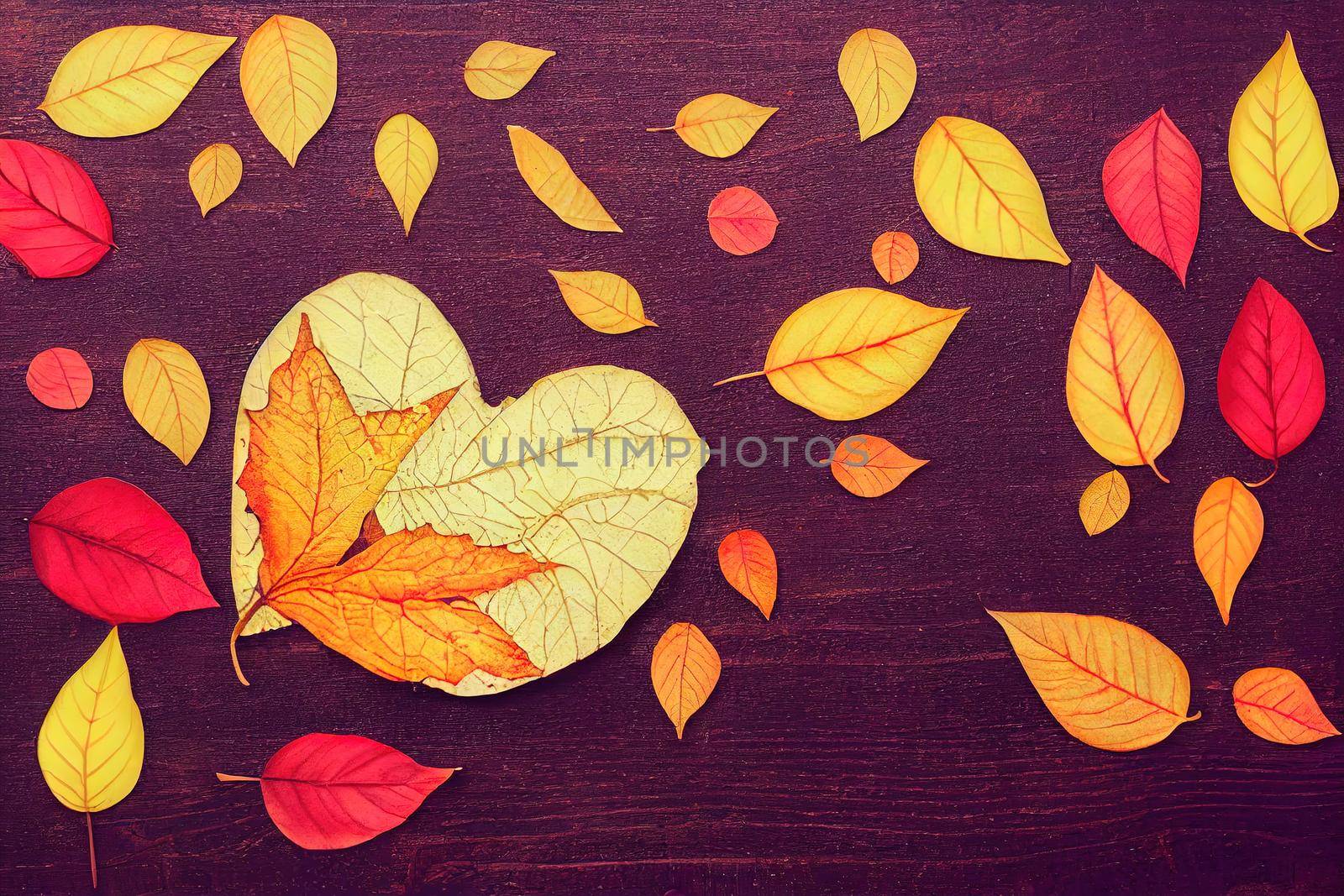 Hello October Autumn composition, top view of autumn bright colorful leaves with a sheet of paper and wooden two hearts space for text , anime style