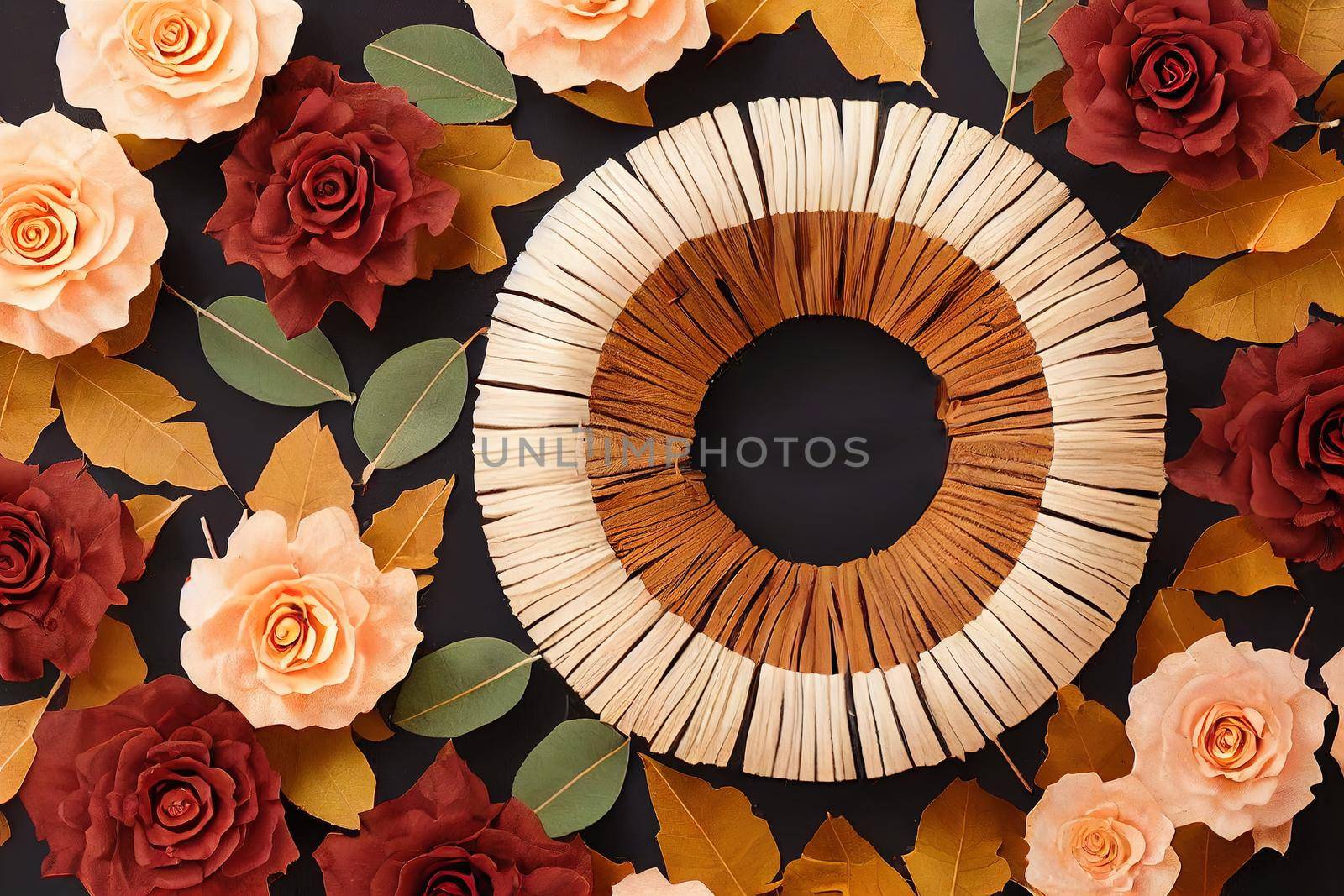 Autumn composition Wreath made of eucalyptus branches, rose flowers, dried leaves on white background Autumn, fall concept Flat lay, top view, copy space, square , anime style