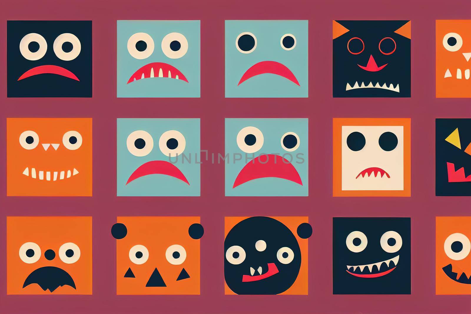 Monster square head line icon set Boo Spooky Screaming smiling sad face emotion Three eyes tongue teeth fang mouse Happy Halloween card Flat design style White background illustration, Anime Style
