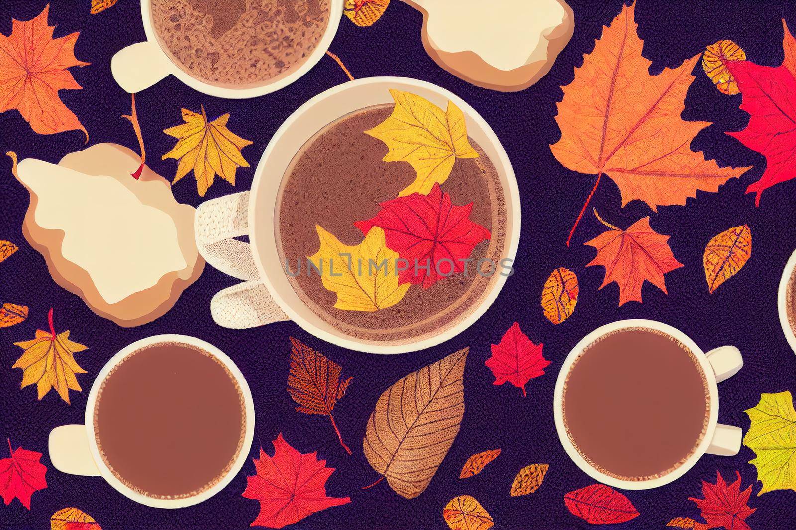 Autumn composition Hot chocolate, knitted blanket, autumn leaves Flat lay, top view, close up , anime style