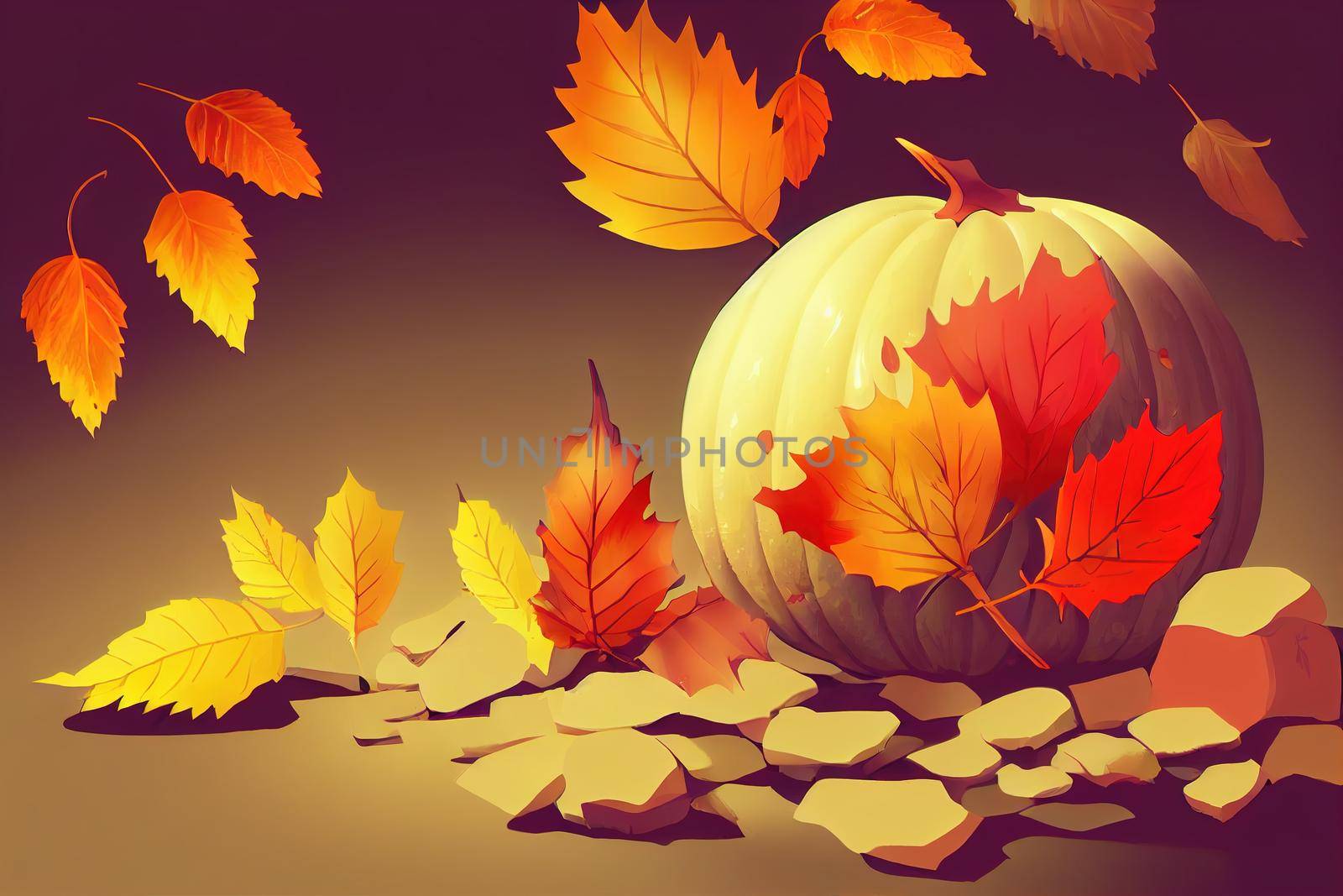 autumn background with warmer, piggy bank and leaves , anime style