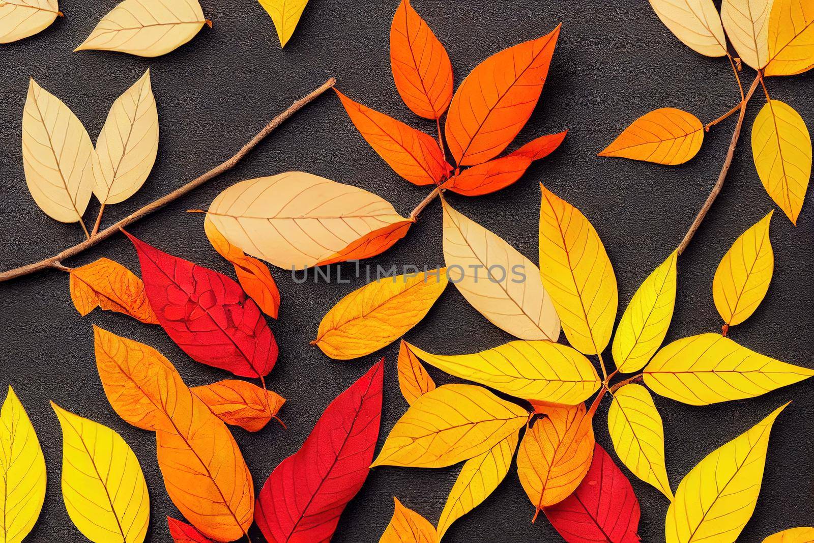 Autumn composition Branches black ashberry yellow leaves are combined in a rectangle Flat lay, top view , anime style