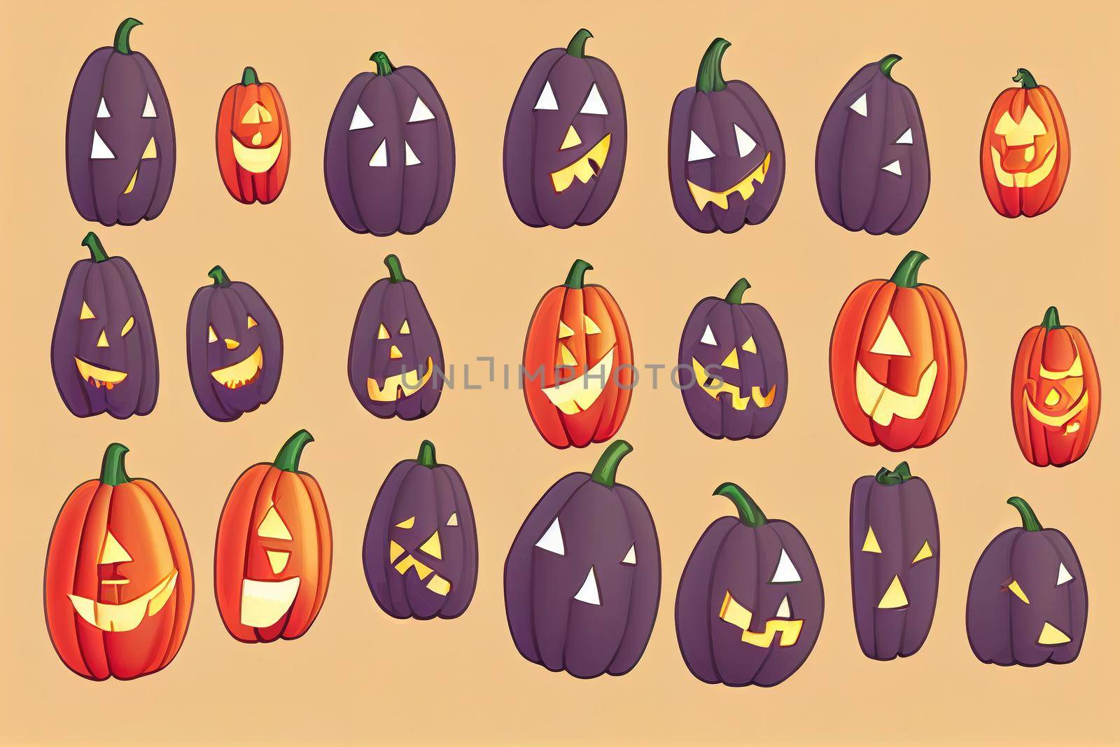 Set of halloween ghosts. Halloween scary spirits with pumpkins in different poses. Halloween ghosts isolated flat Raster illustrations.