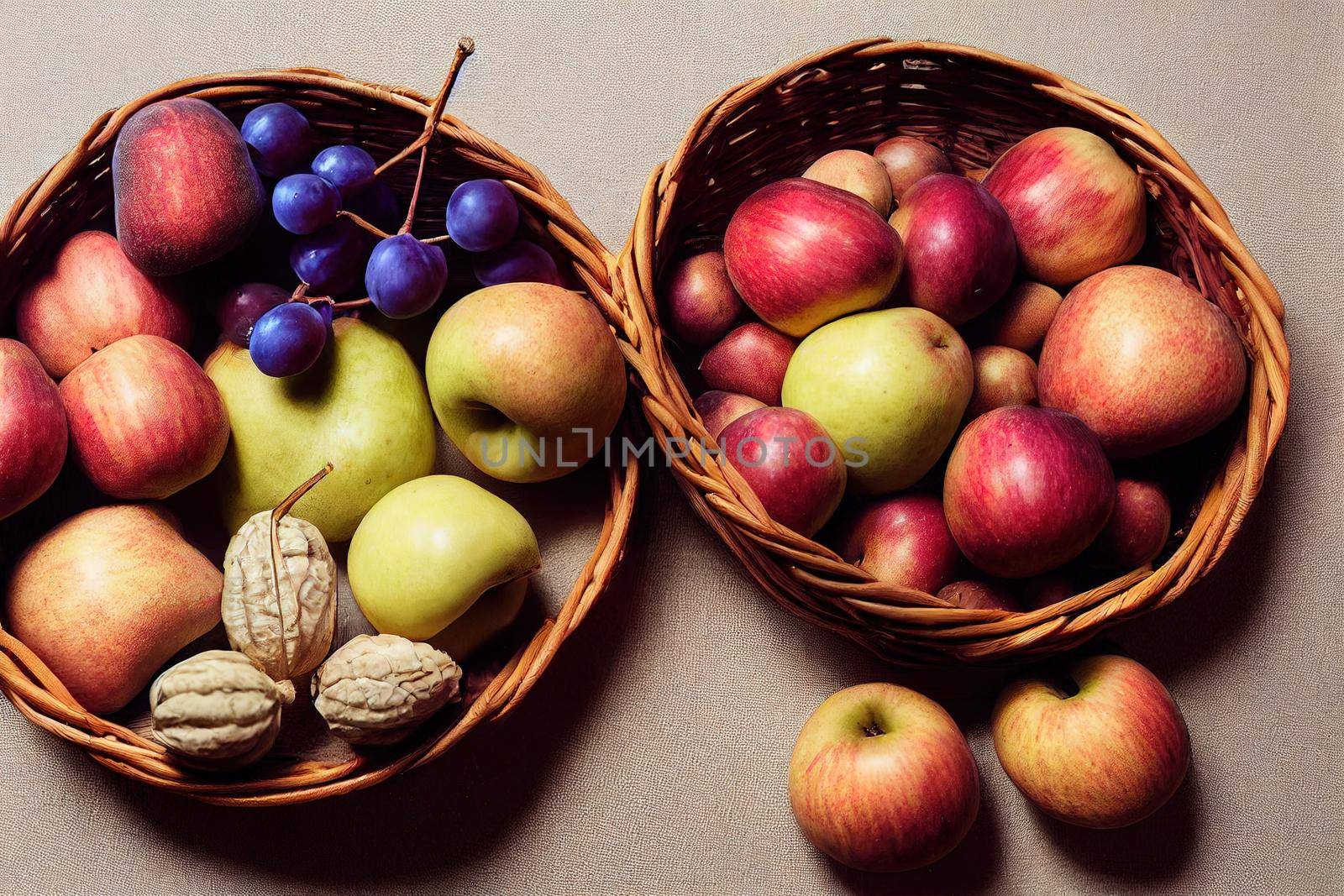 autumn flat lay with nuts, apples, pears, plums, grapes, pyracantha, leaves and basket , anime style