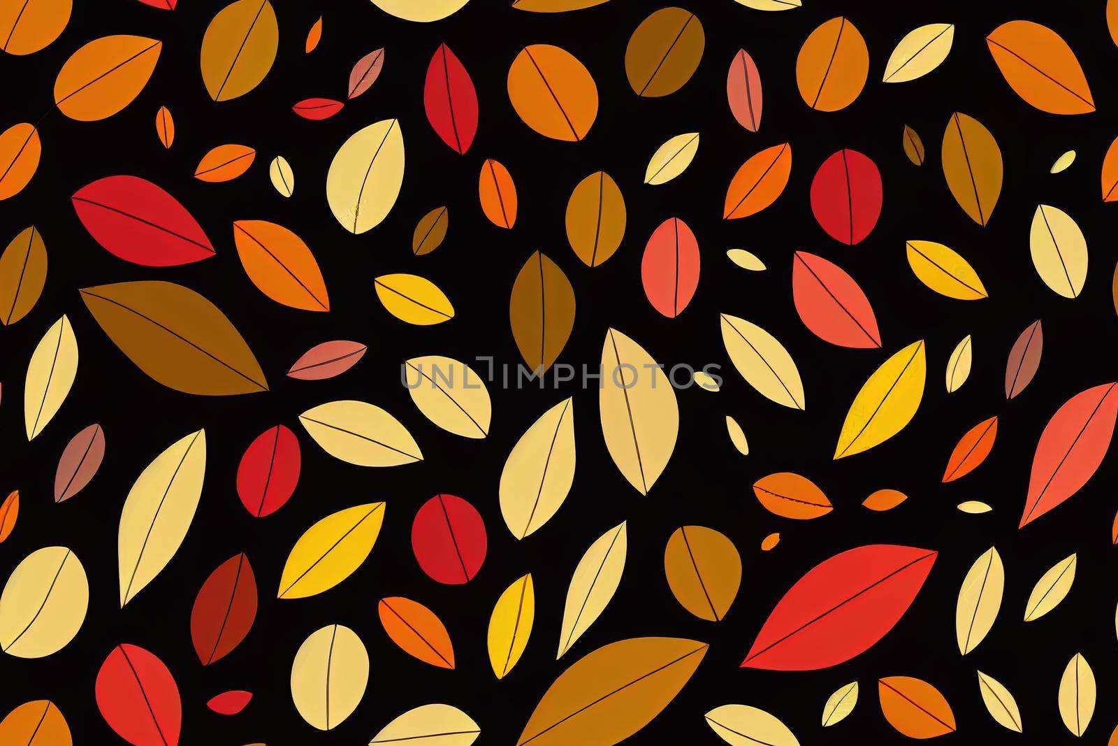 Seamless pattern minimalistic with abstract autumn leaves composition, leopard skin spots, shapes in trendy collage style Illustration on a striped background , anime style