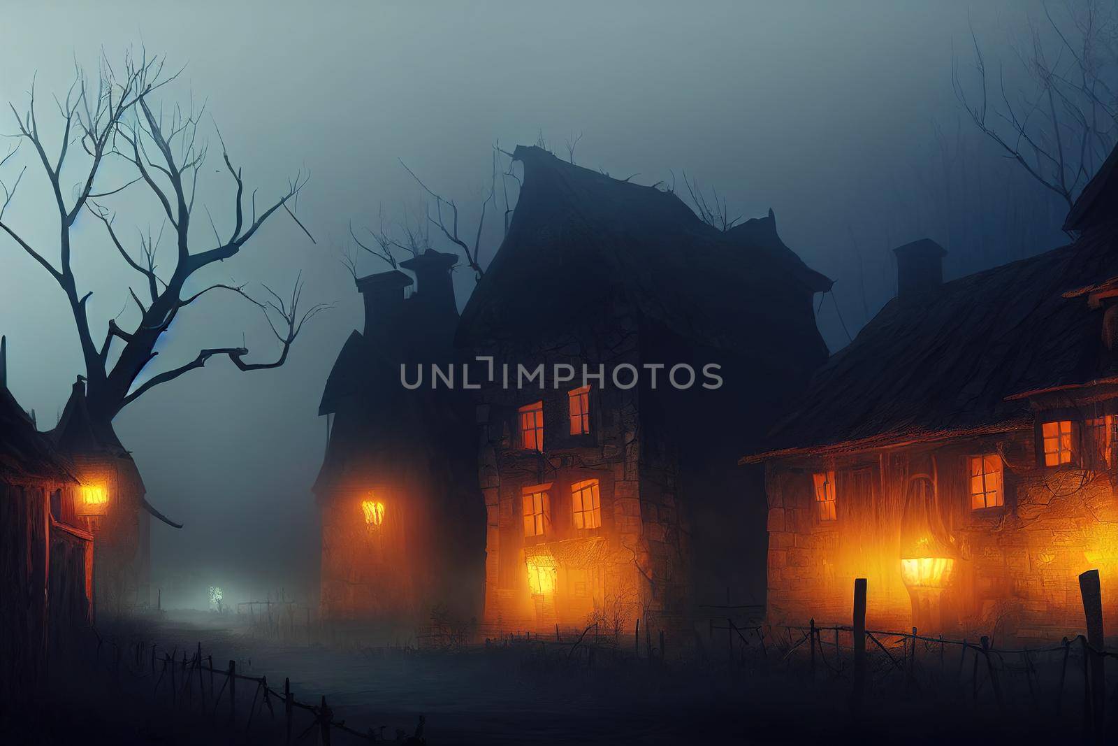 Hunted Village dark and foggy, dark village with heavy fog Halloween concept design, horror scary atmosphere of medieval style village during the black plague death 3d rendering
