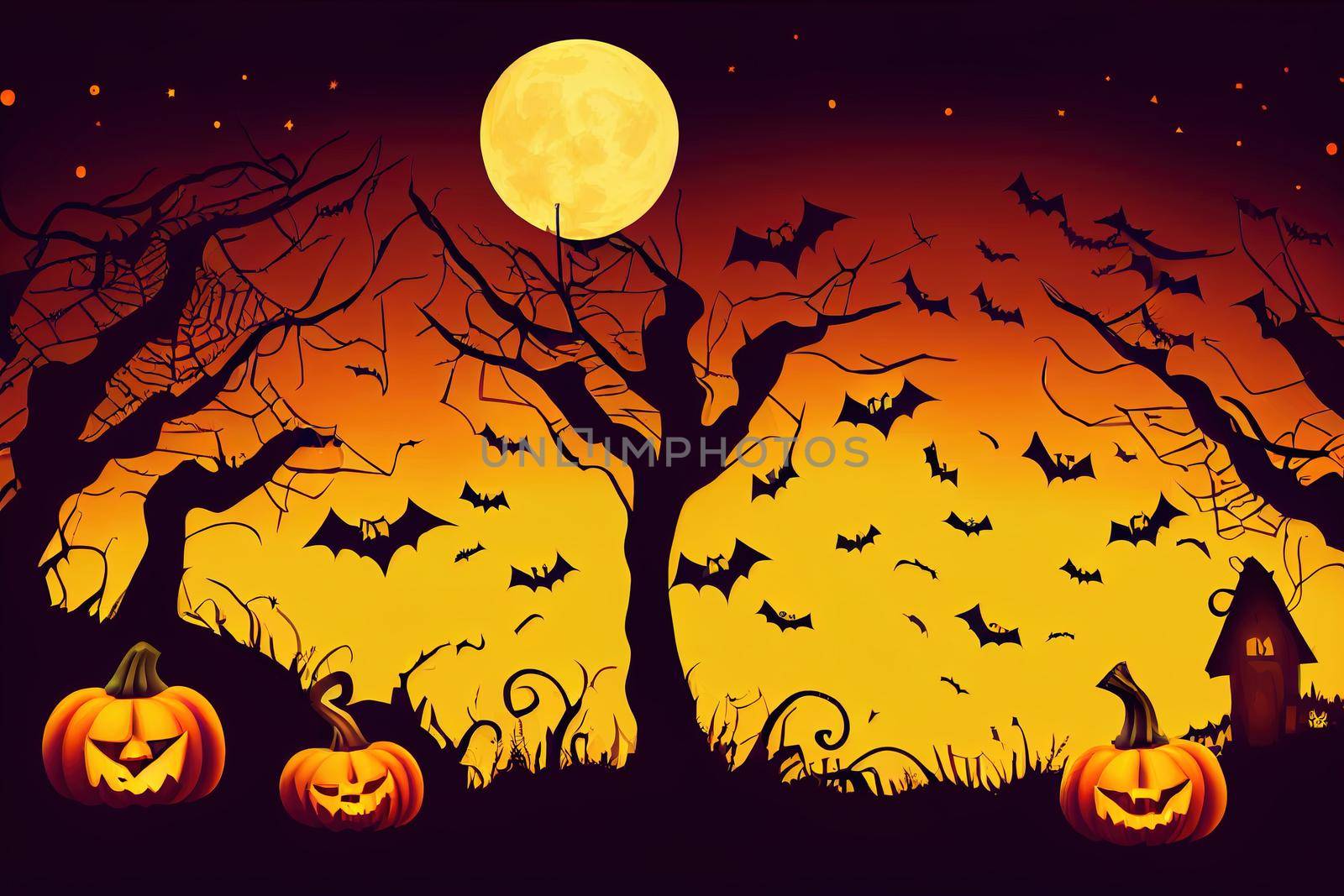 Halloween holiday on October 31 pumpkin on the background of a night field with trees moon and bats in Raster. Halloween themed illustration in Raster. Posters and postcards for Halloween.