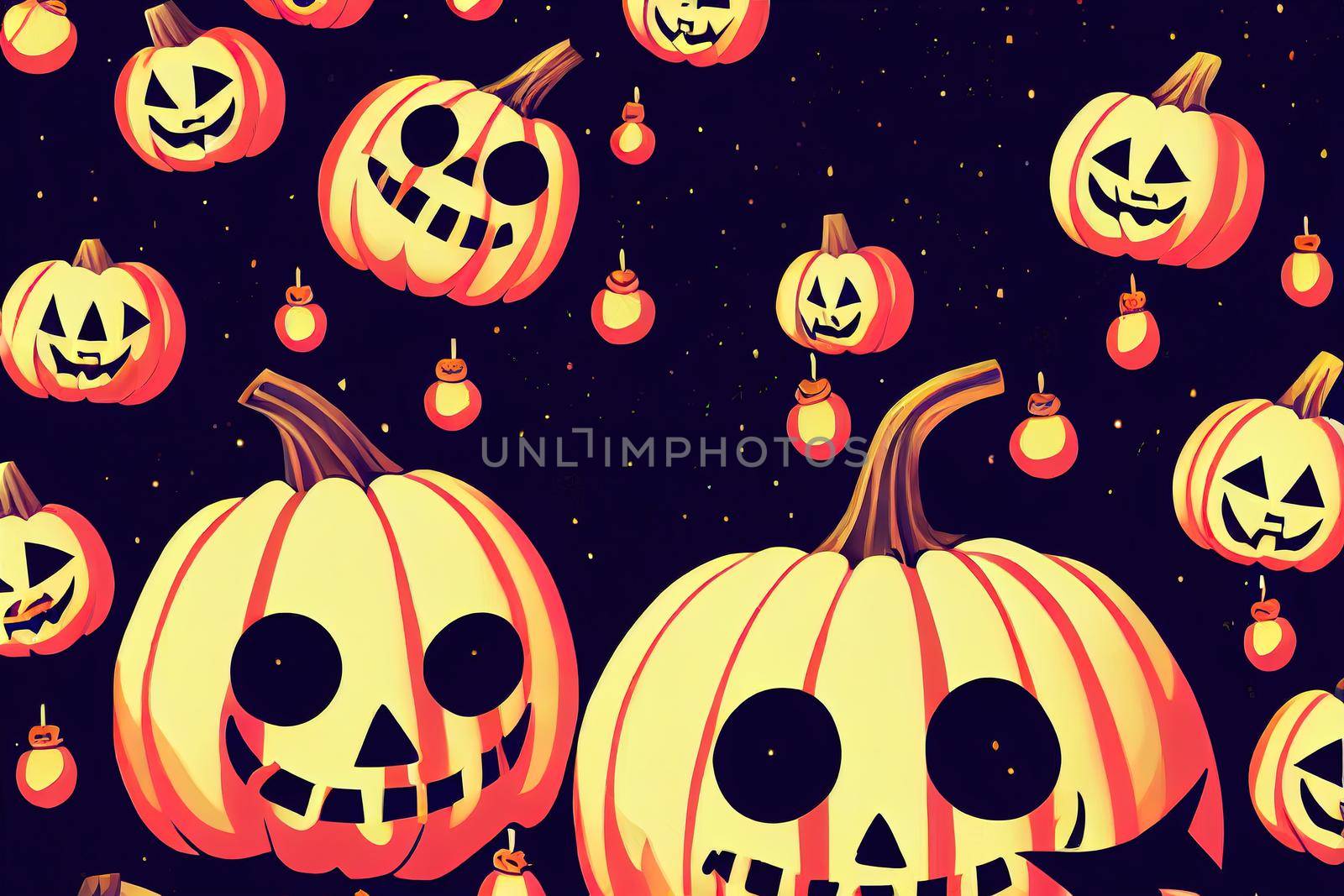 Poster with festive decorative lights and glowing pumpkins with scary faces Autumn unusual illustration for party halloween or festival, Anime Style