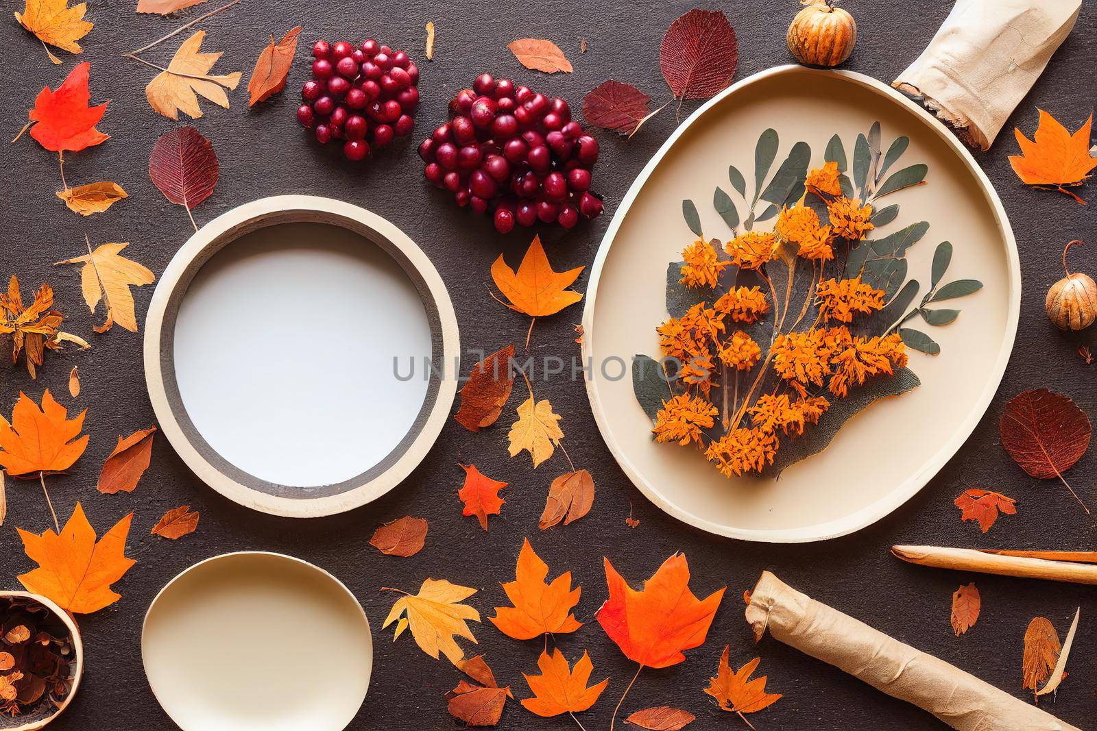 Autumn composition Frame made of dried flowers, eucalyptus leaves, berries on beige background Autumn, fall, thanksgiving day concept Flat lay, top view, copy space , anime style