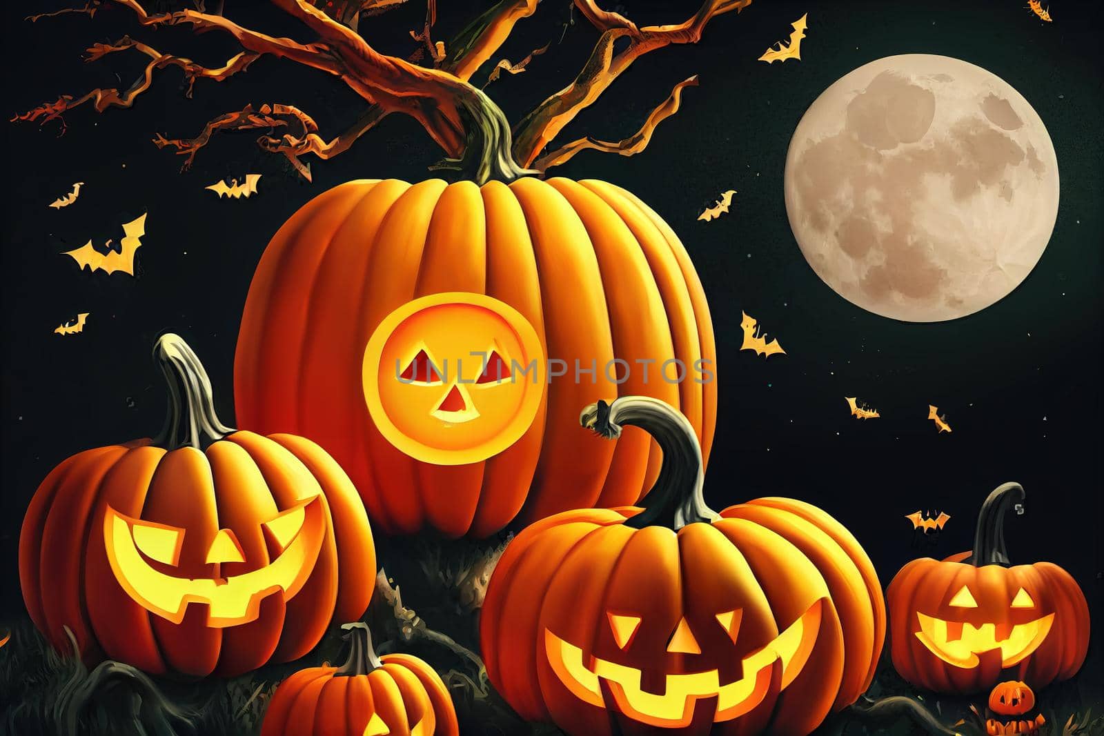Halloween. Happy Halloween Fantasy Illustration with Halloween pumpkin, trees, by 2ragon