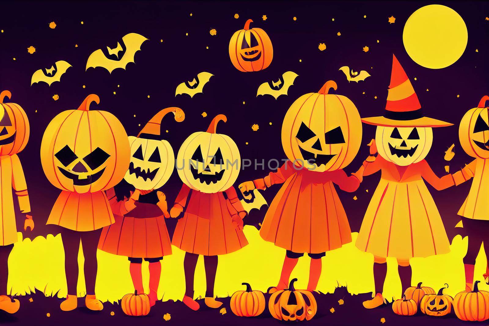 Happy Halloween Children dressed in Halloween fancy dress to go Trick or Treating Template for advertising brochure, Anime Style