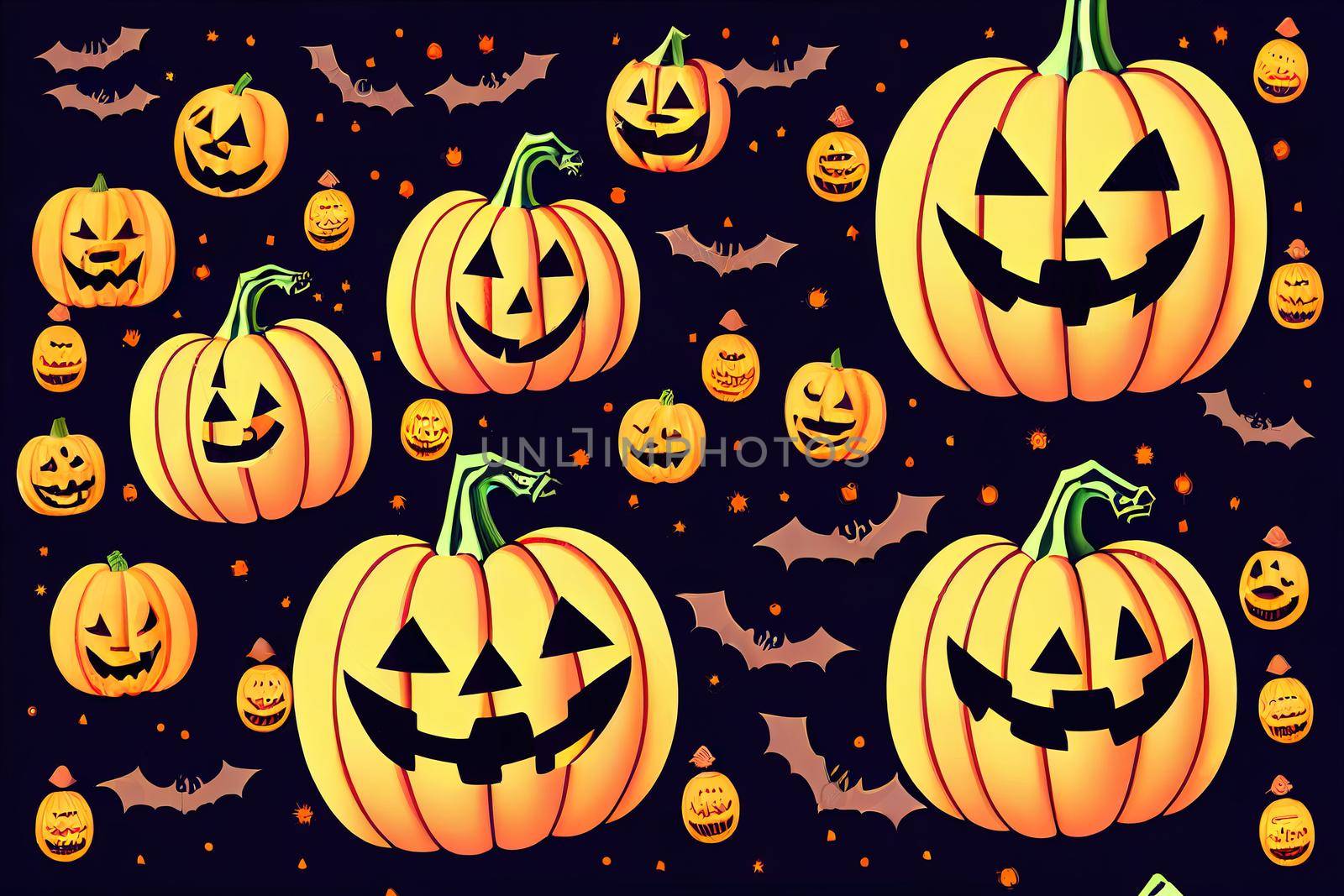 Happy Halloween party posters set with night clouds and pumpkins in paper cut style. Raster illustration. Full moon, witch cauldron, spiders web and flying bat. Place for text. Brochure background