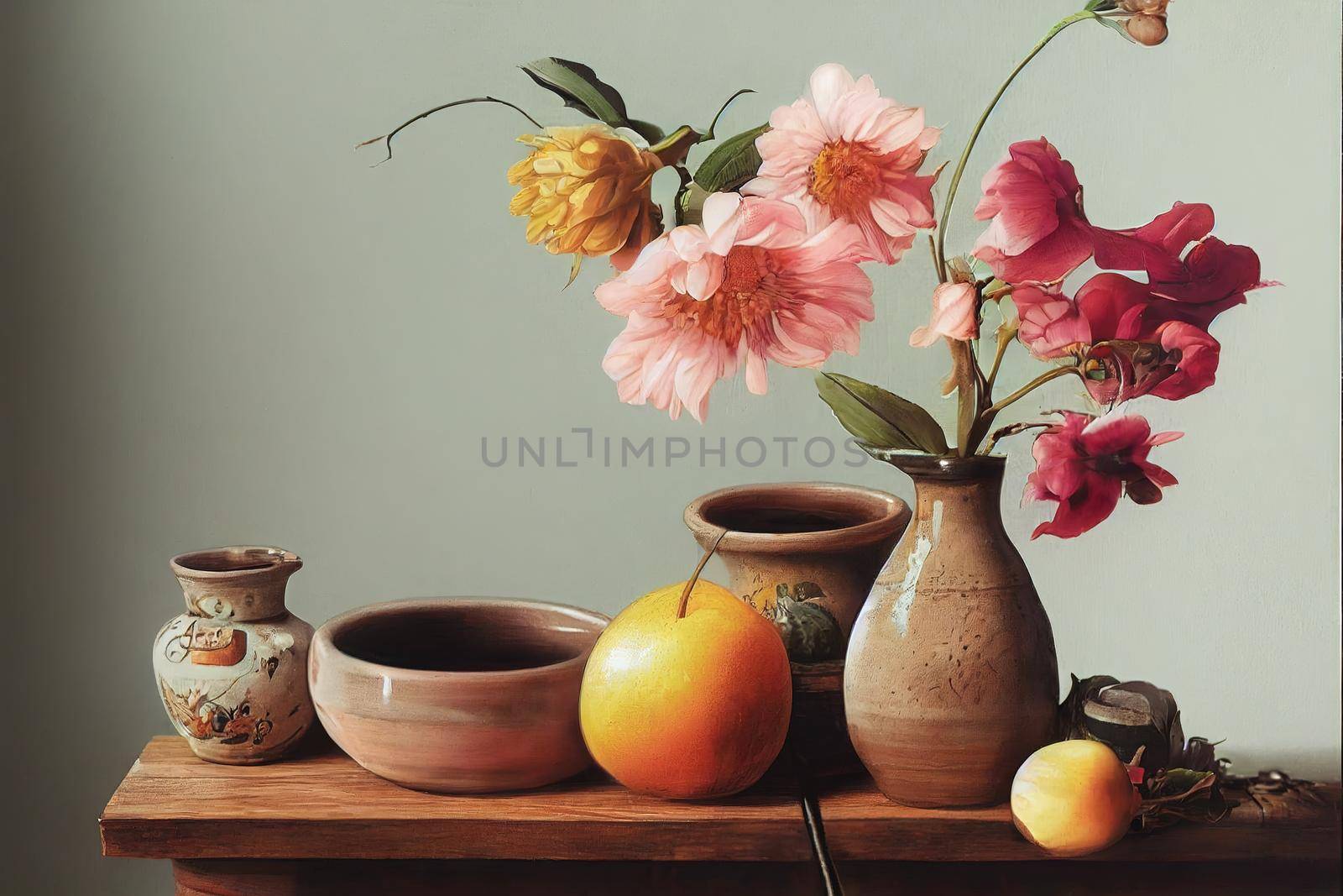 Still life with flower in the pottery vase on rustic wooden table, Choose a focal point, for write , anime style